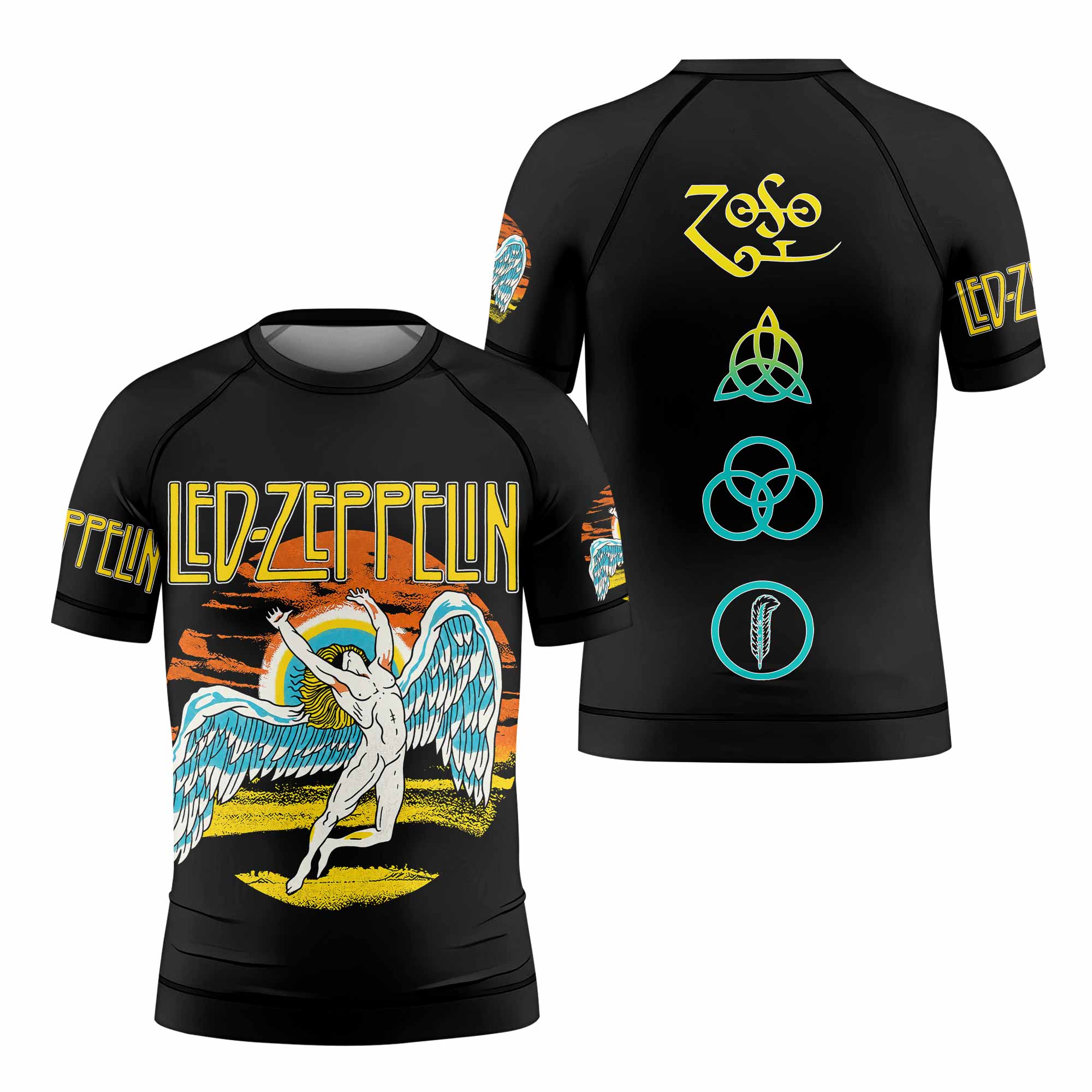 Led Zeppelin North American Tour 1975 Kids Rash Guard Short Sleeve - front and back view
