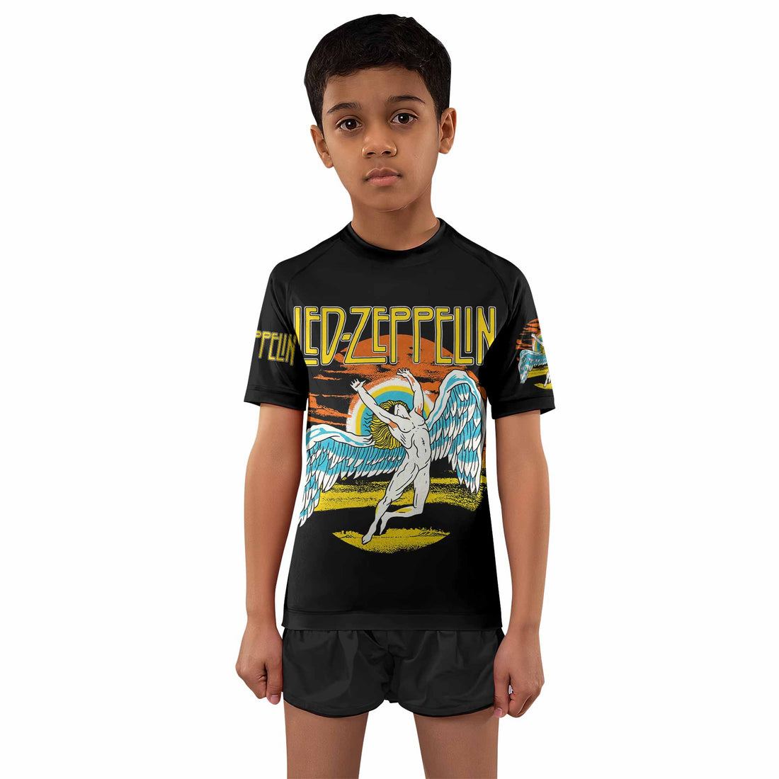 Led Zeppelin North American Tour 1975 Kids Rash Guard Short Sleeve - boy's lifestyle view