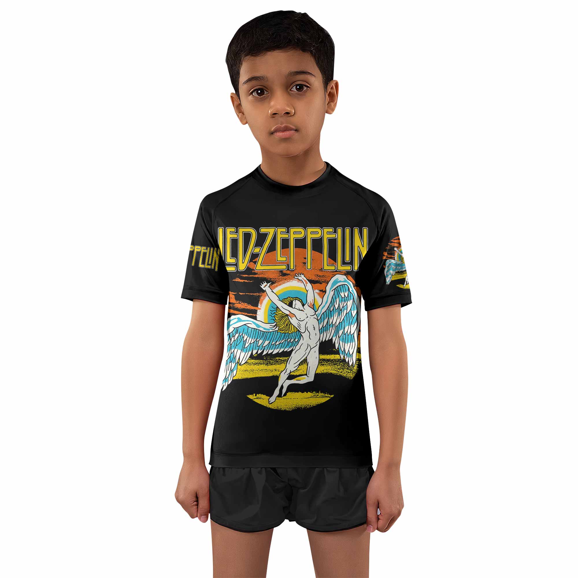 Led Zeppelin North American Tour 1975 Kids Rash Guard Short Sleeve - boy's lifestyle view