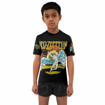 Led Zeppelin North American Tour 1975 Kids Rash Guard Short Sleeve - boy's lifestyle view