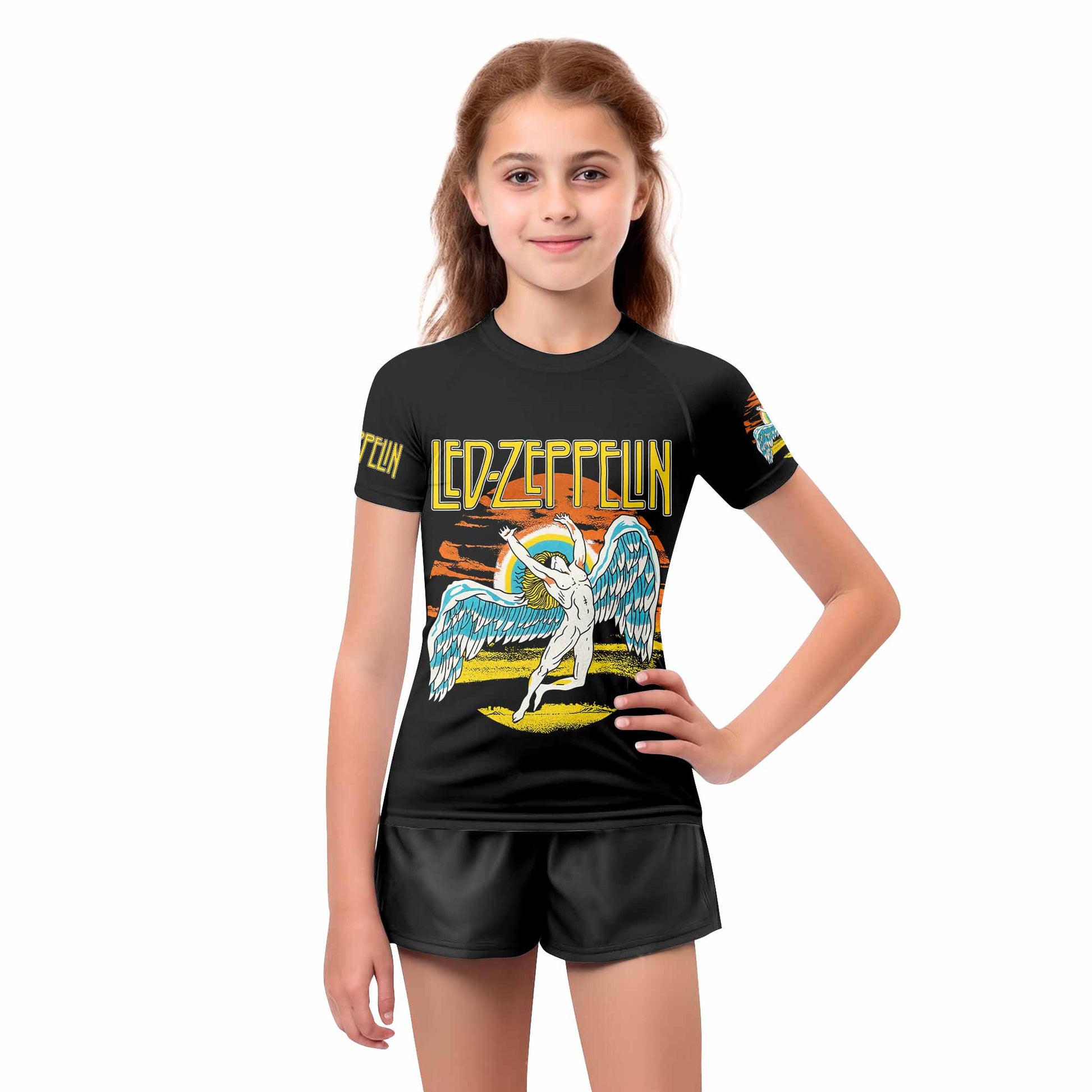 Led Zeppelin North American Tour 1975 Kids Rash Guard Short Sleeve - girl's lifestyle view