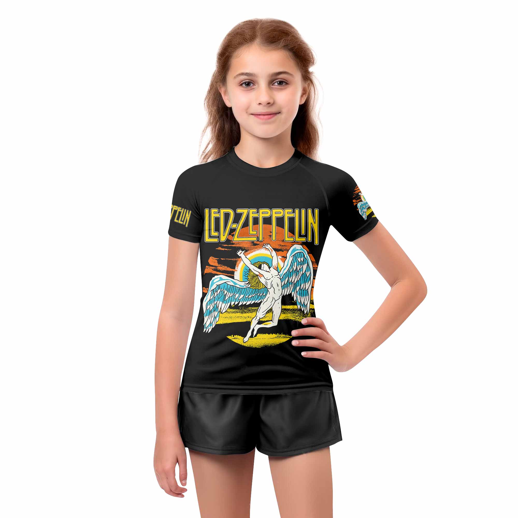 Led Zeppelin North American Tour 1975 Kids Rash Guard Short Sleeve - girl's lifestyle view