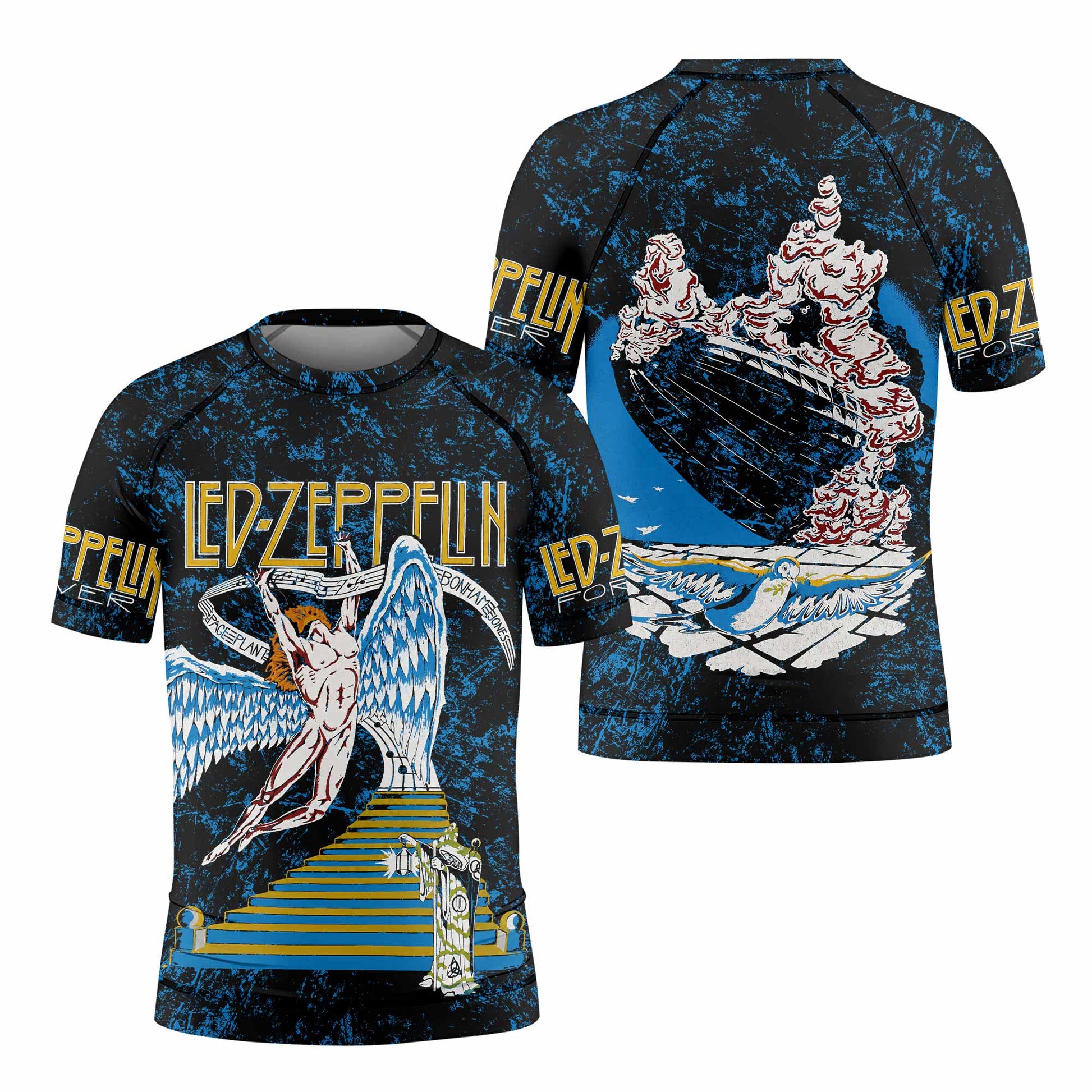 Led Zeppelin Swan Song Kids Rash Guard Short Sleeve - front and back view