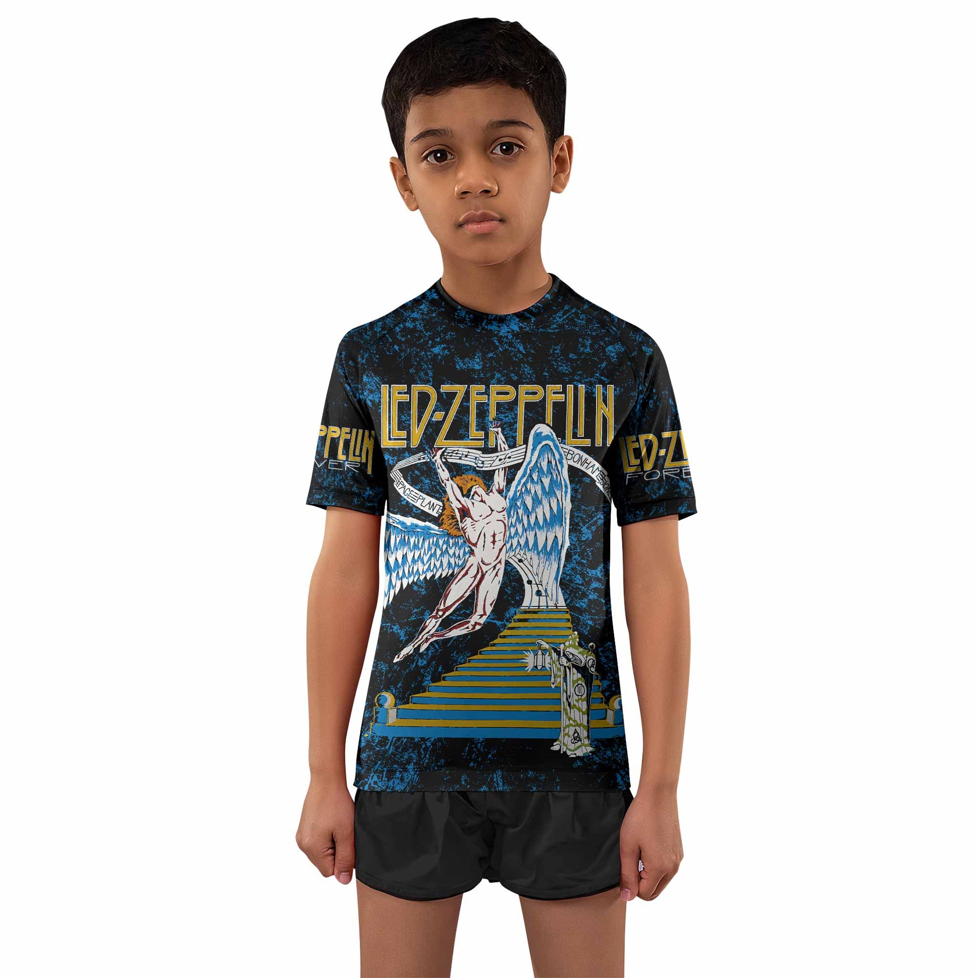 Led Zeppelin Swan Song Kids Rash Guard Short Sleeve - boy's lifestyle view