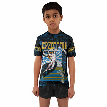 Led Zeppelin Swan Song Kids Rash Guard Short Sleeve - boy's lifestyle view