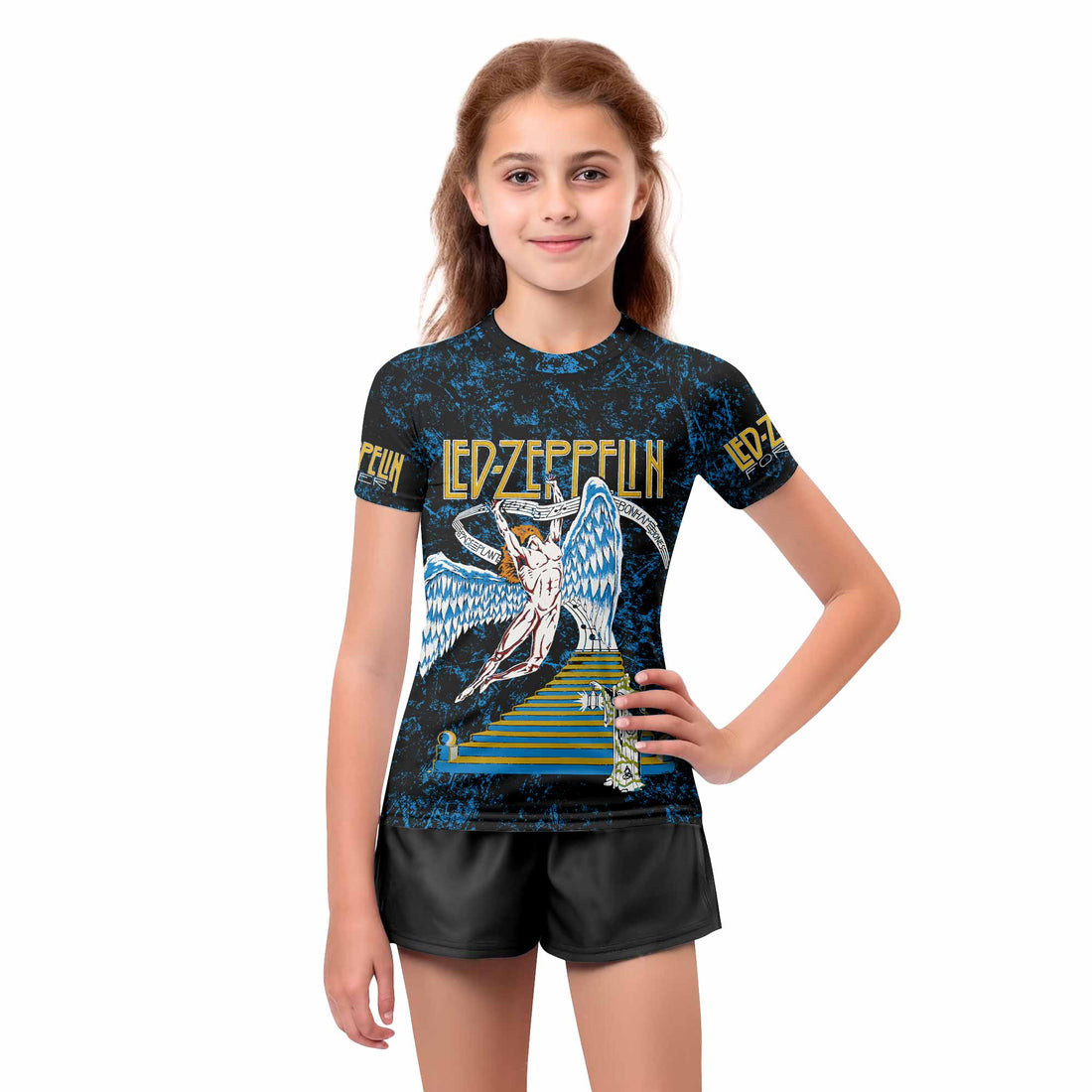 Led Zeppelin Swan Song Kids Rash Guard Short Sleeve - boy's lifestyle view