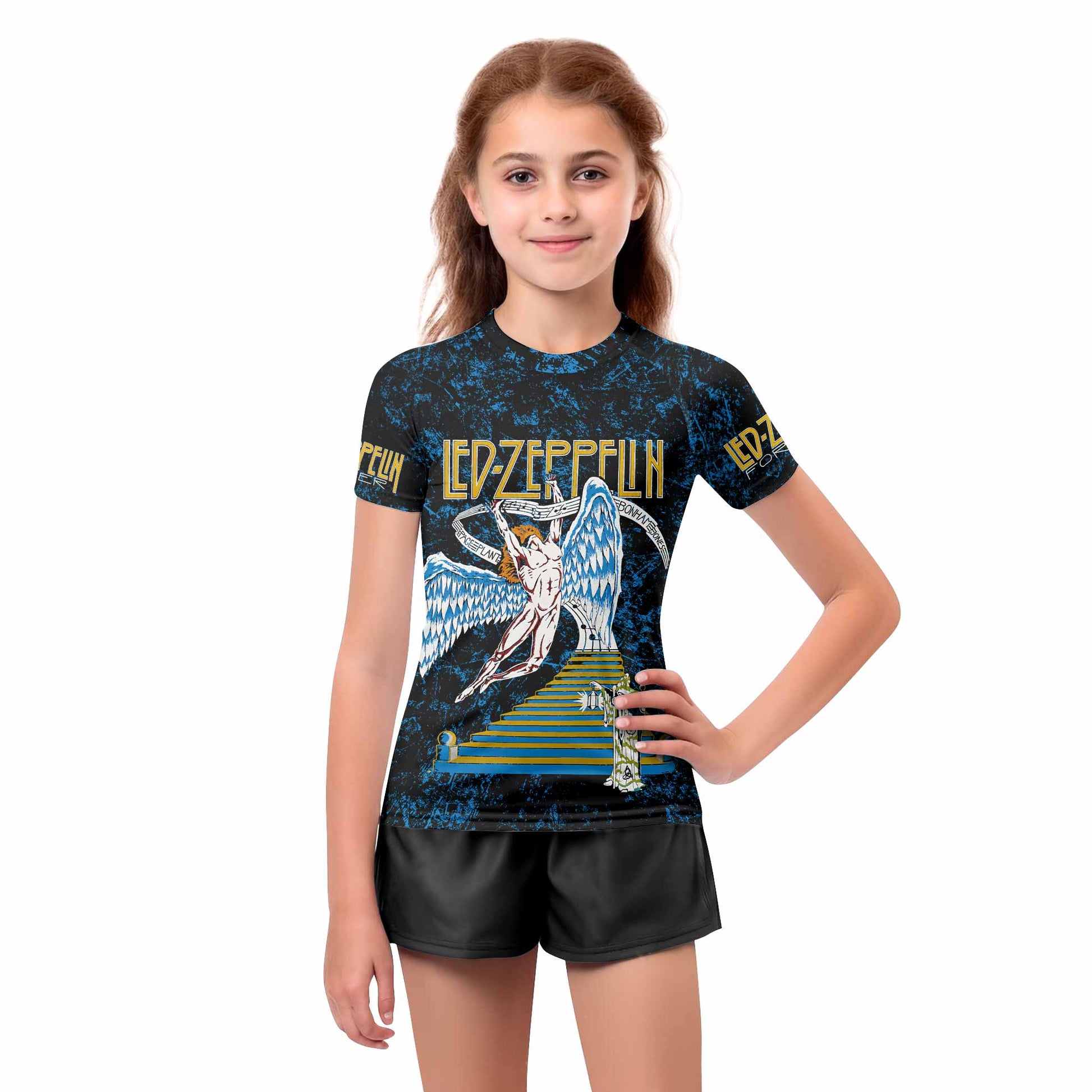 Led Zeppelin Swan Song Kids Rash Guard Short Sleeve - girl's lifestyle view