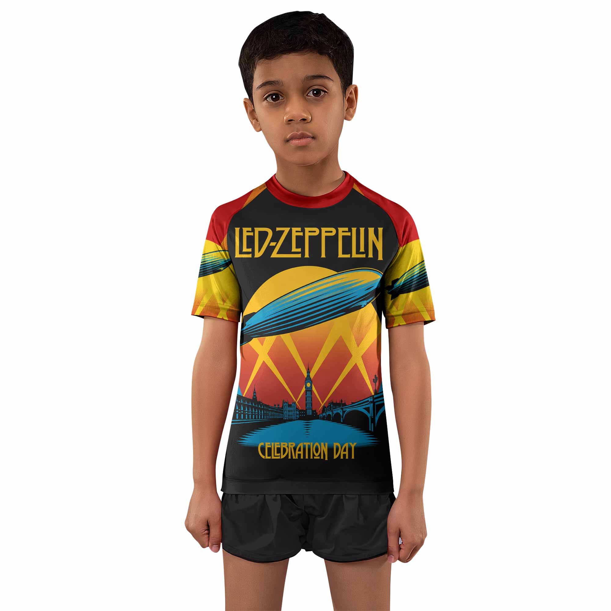 Led Zeppelin Celebration Day Kids Rash Guard Short Sleeve - boy's lifestyle view