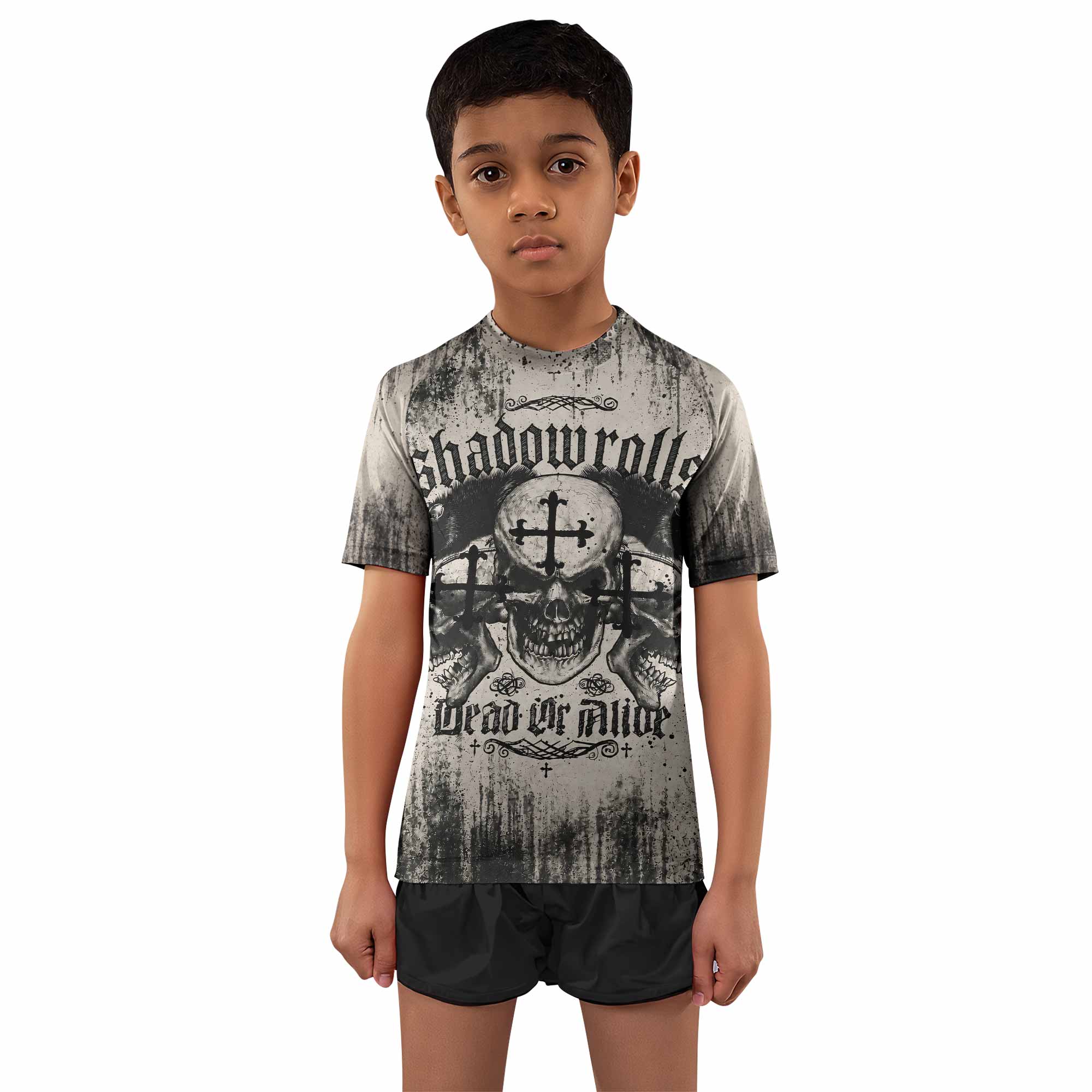Shadowrolls Dead Or Alive Kids Rash Guard Short Sleeve - boy's lifestyle view