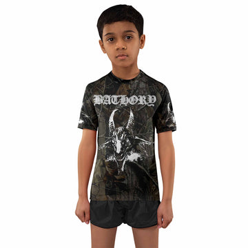 Bathory Sigil of Baphomet Kids Rash Guard Short Sleeve - boy's lifestyle view