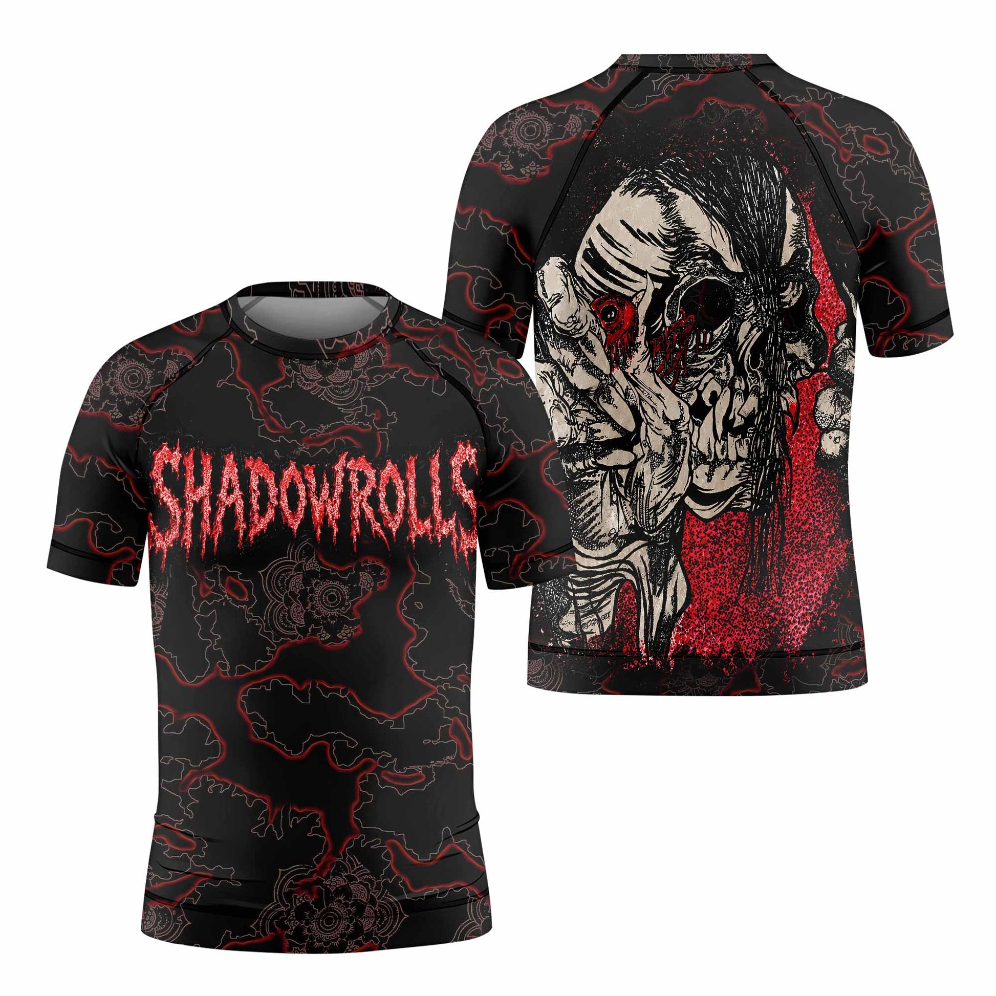 Crimson Hollow Skull Kids Rash Guard Short Sleeve - front and back view