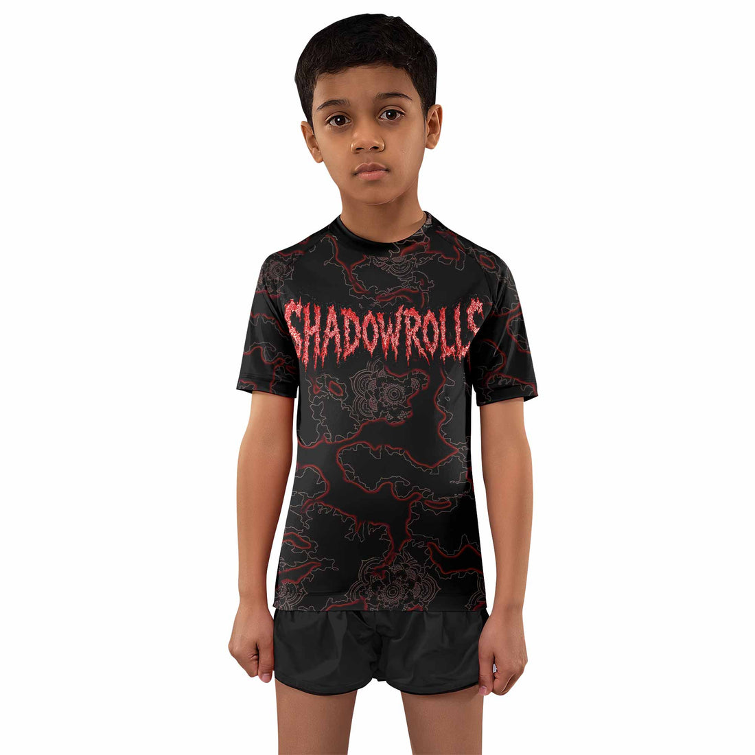 Crimson Hollow Skull Kids Rash Guard Short Sleeve - boy's lifestyle view