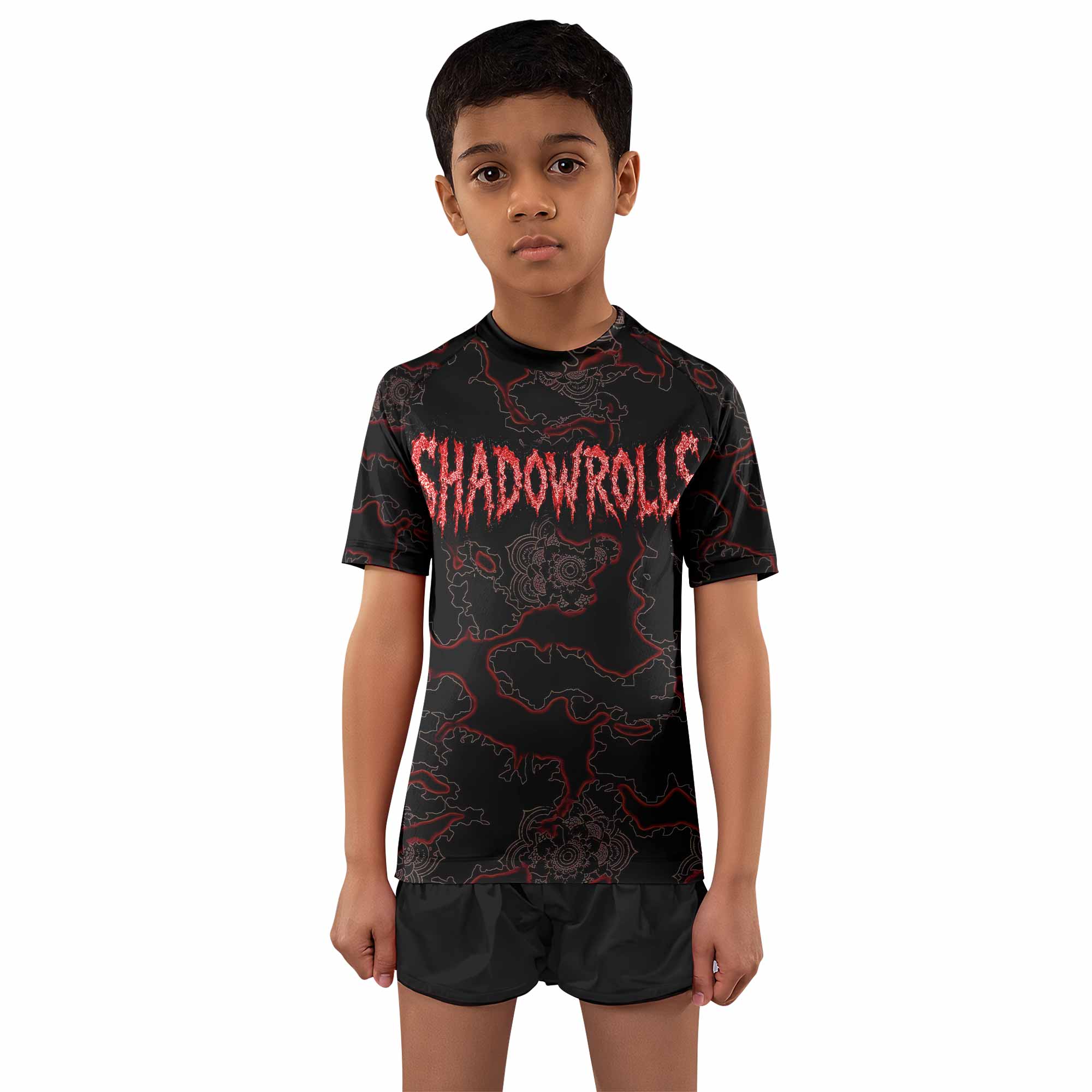 Crimson Hollow Skull Kids Rash Guard Short Sleeve - boy's lifestyle view