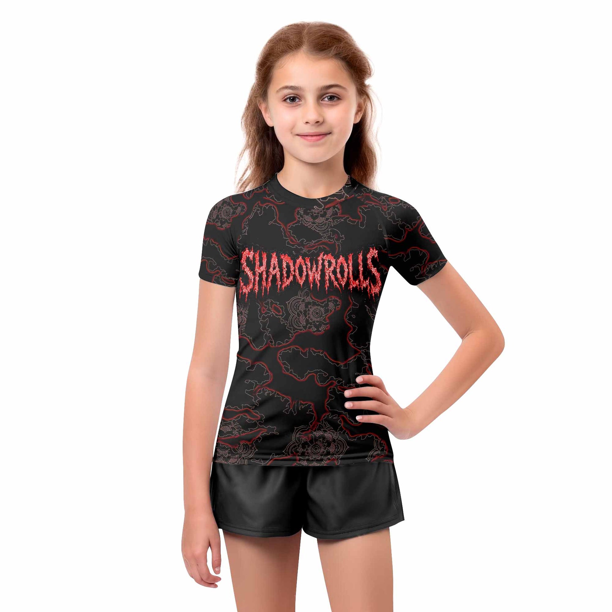 Crimson Hollow Skull Kids Rash Guard Short Sleeve - girl's lifestyle view