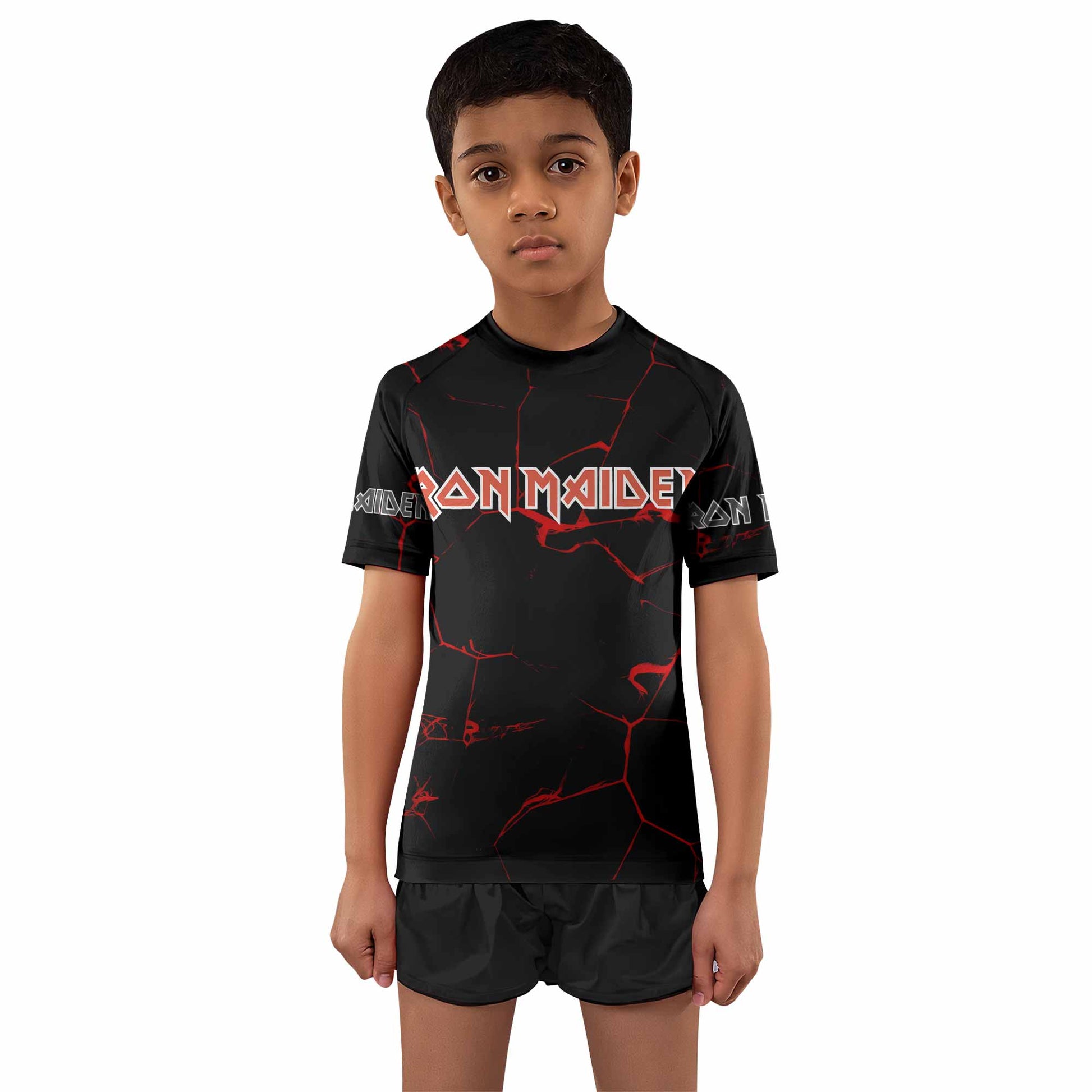 Iron Maiden A Real Dead One Kids Rash Guard Short Sleeve - boy's lifestyle view
