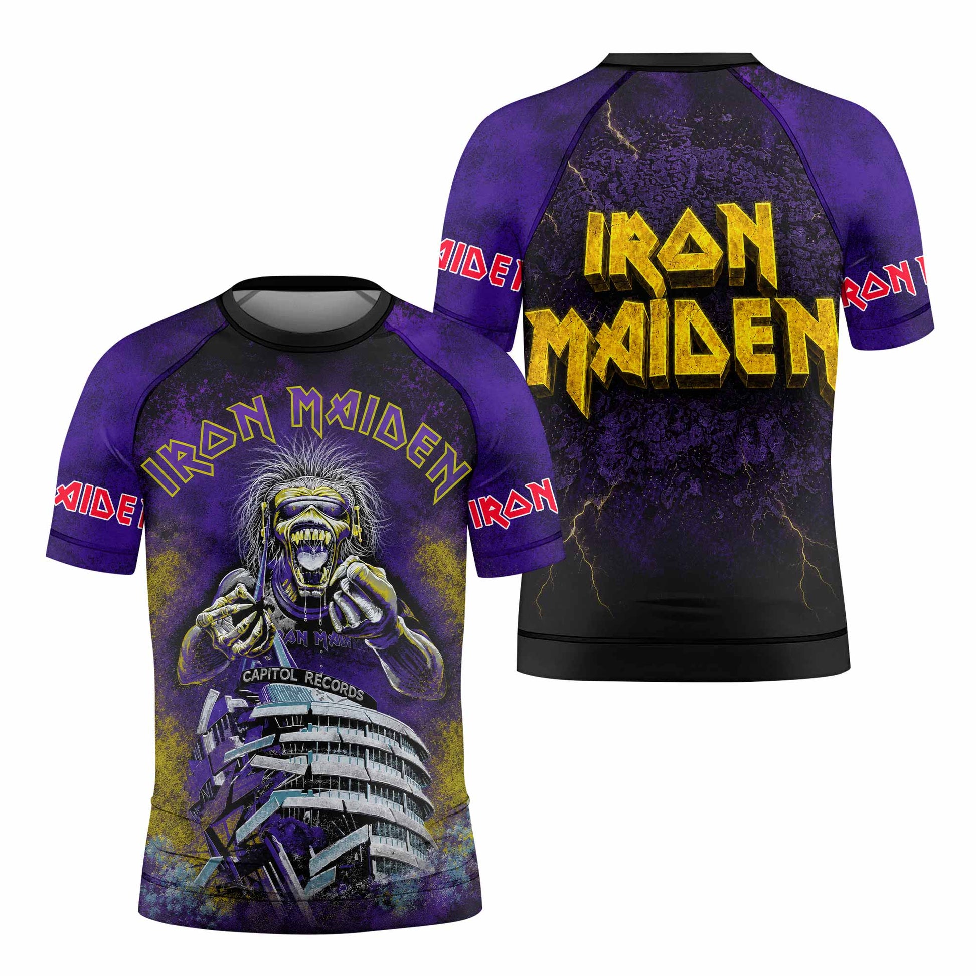 Iron Maiden Capitol Chaos Eddie Kids Rash Guard Short Sleeve - front and back view