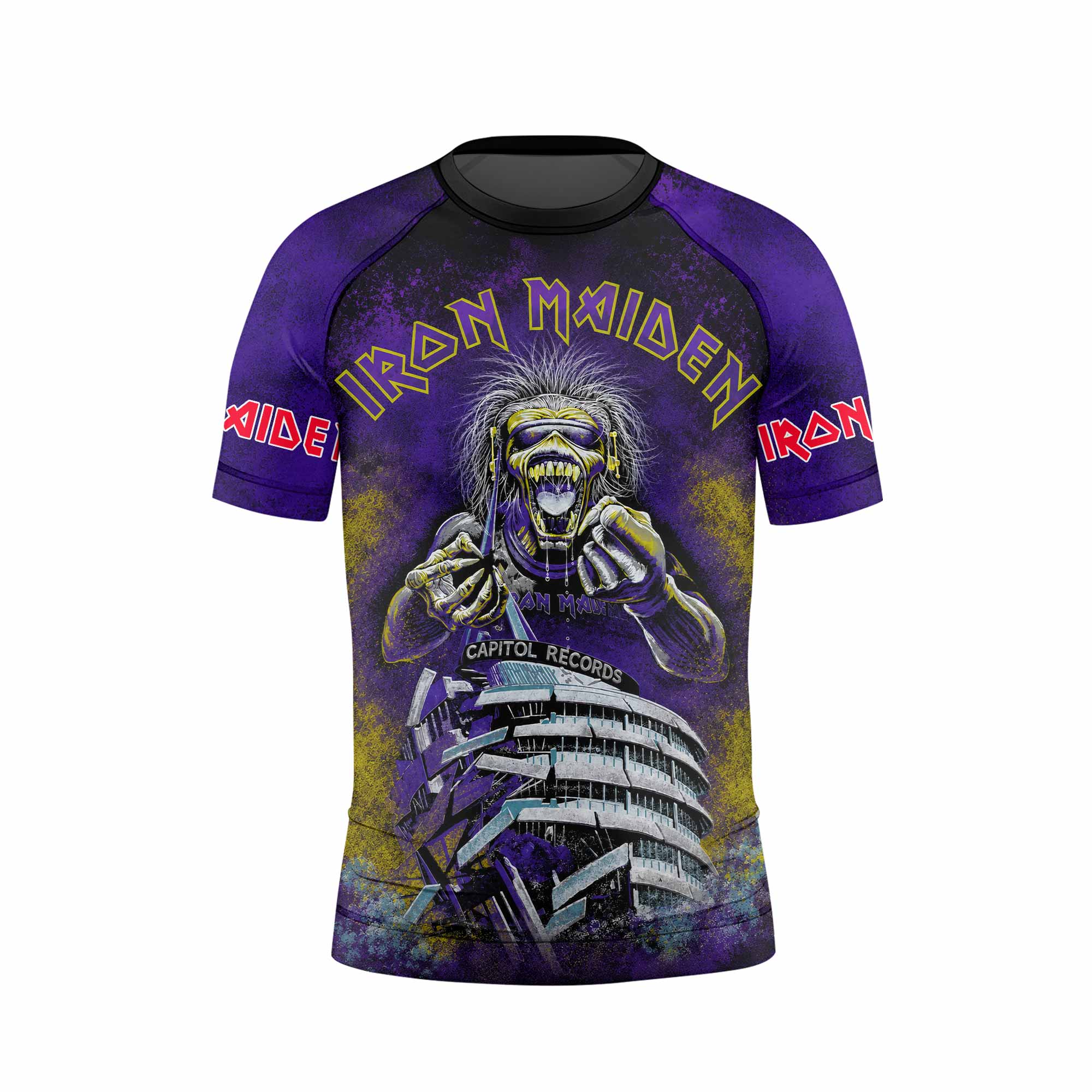 Iron Maiden Capitol Chaos Eddie Kids Rash Guard Short Sleeve - front view mockup