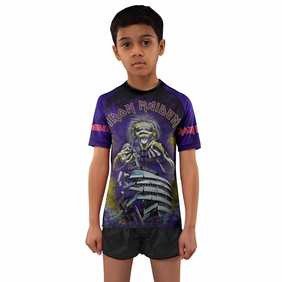Iron Maiden Capitol Chaos Eddie Kids Rash Guard Short Sleeve - boy's lifestyle view