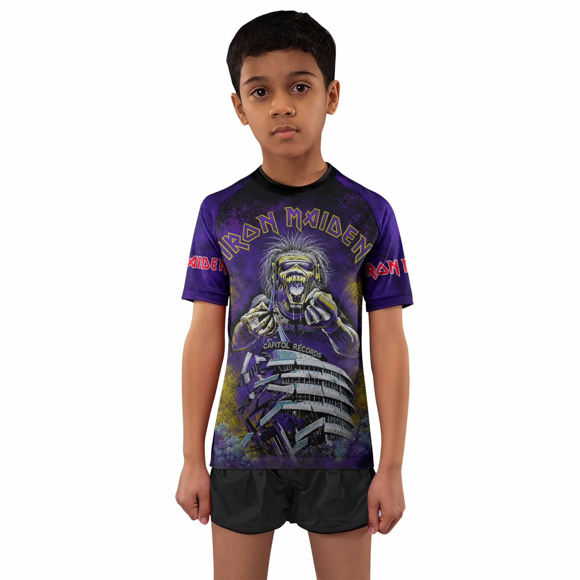 Iron Maiden Capitol Chaos Eddie Kids Rash Guard Short Sleeve - boy's lifestyle view