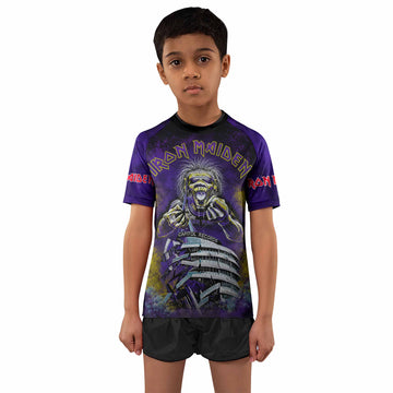 Iron Maiden Capitol Chaos Eddie Kids Rash Guard Short Sleeve - boy's lifestyle view