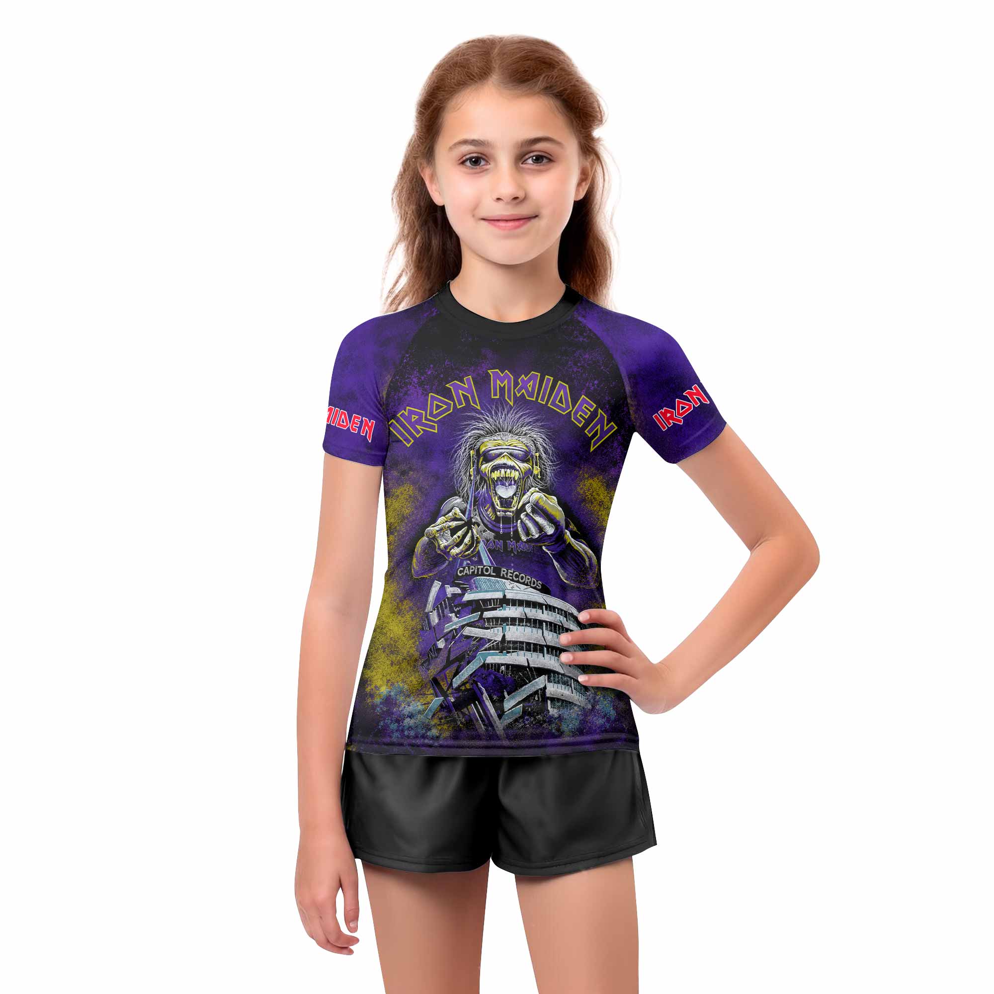Iron Maiden Capitol Chaos Eddie Kids Rash Guard Short Sleeve - girl's lifestyle view