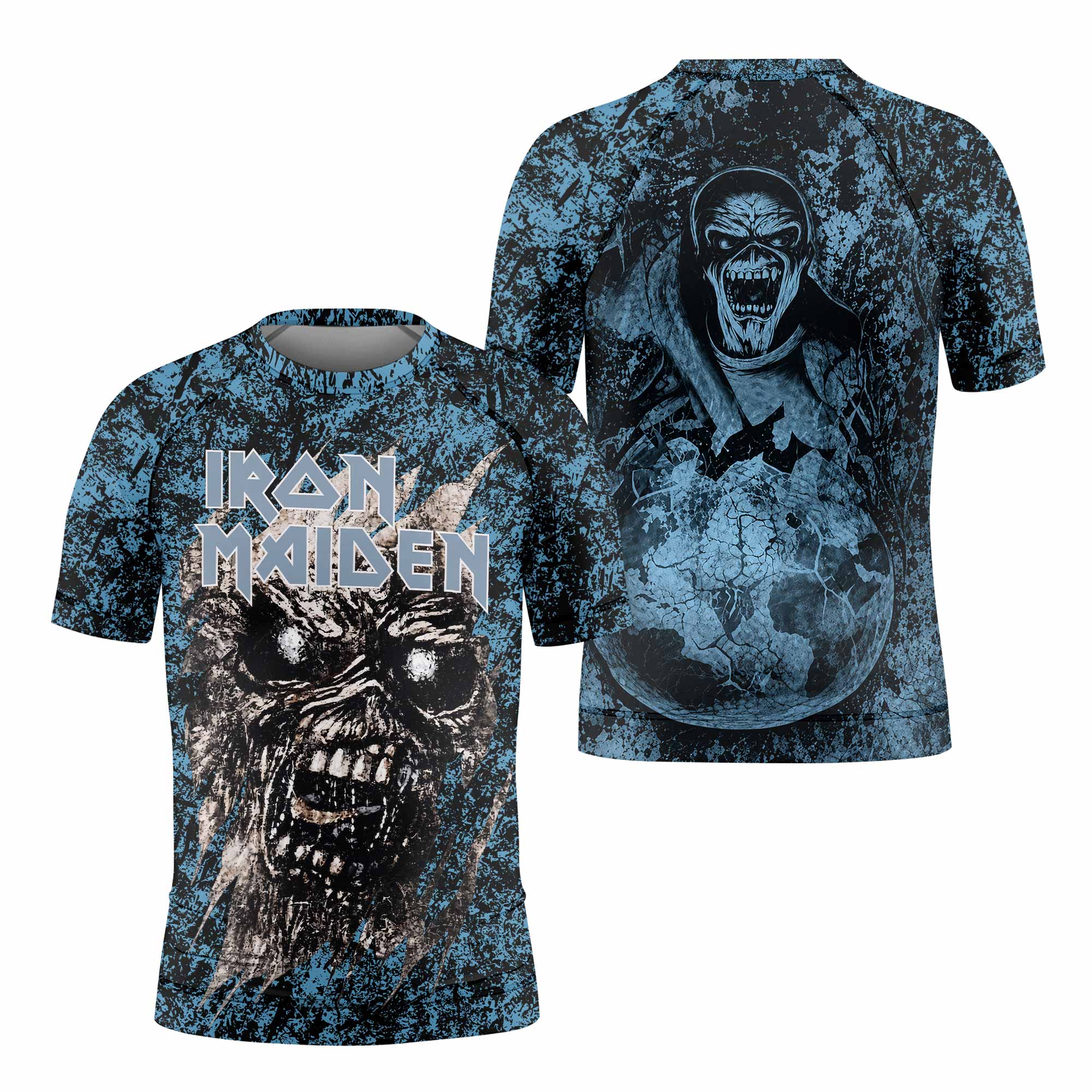 Iron Maiden Fear Reaper Eddie Kids Rash Guard Short Sleeve - front and back view