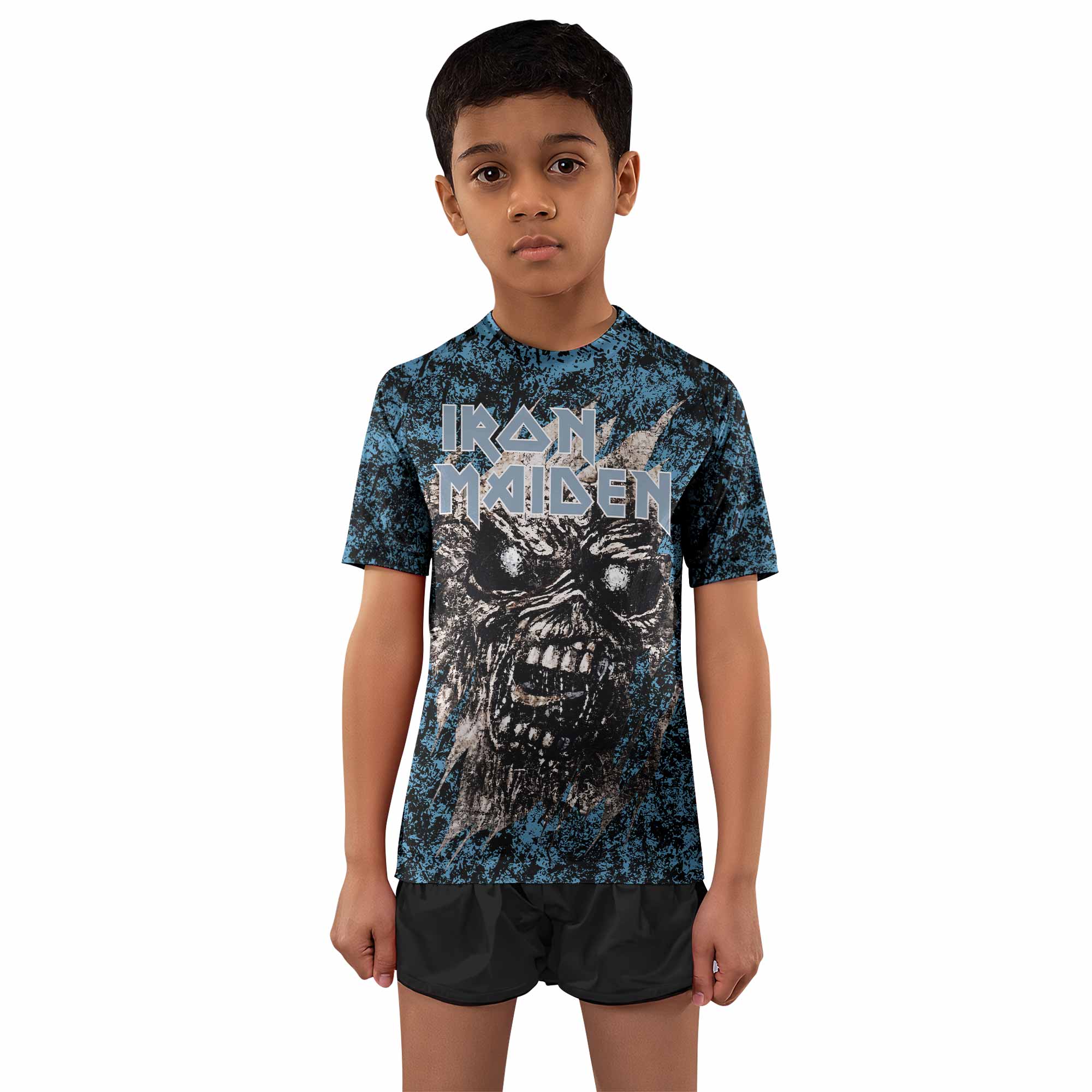 Iron Maiden Fear Reaper Eddie Kids Rash Guard Short Sleeve - boy's lifestyle view