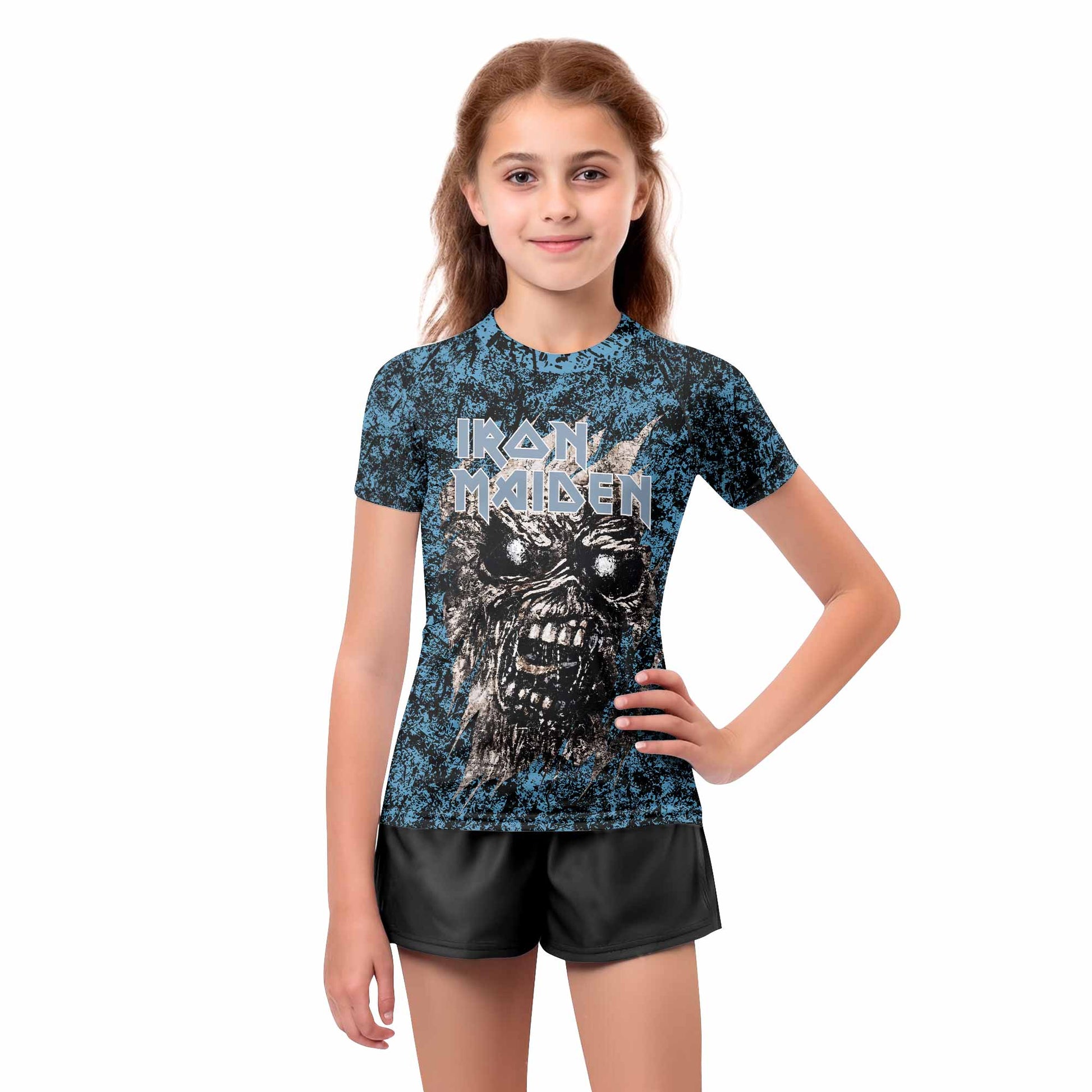Iron Maiden Fear Reaper Eddie Kids Rash Guard Short Sleeve - girl's lifestyle view