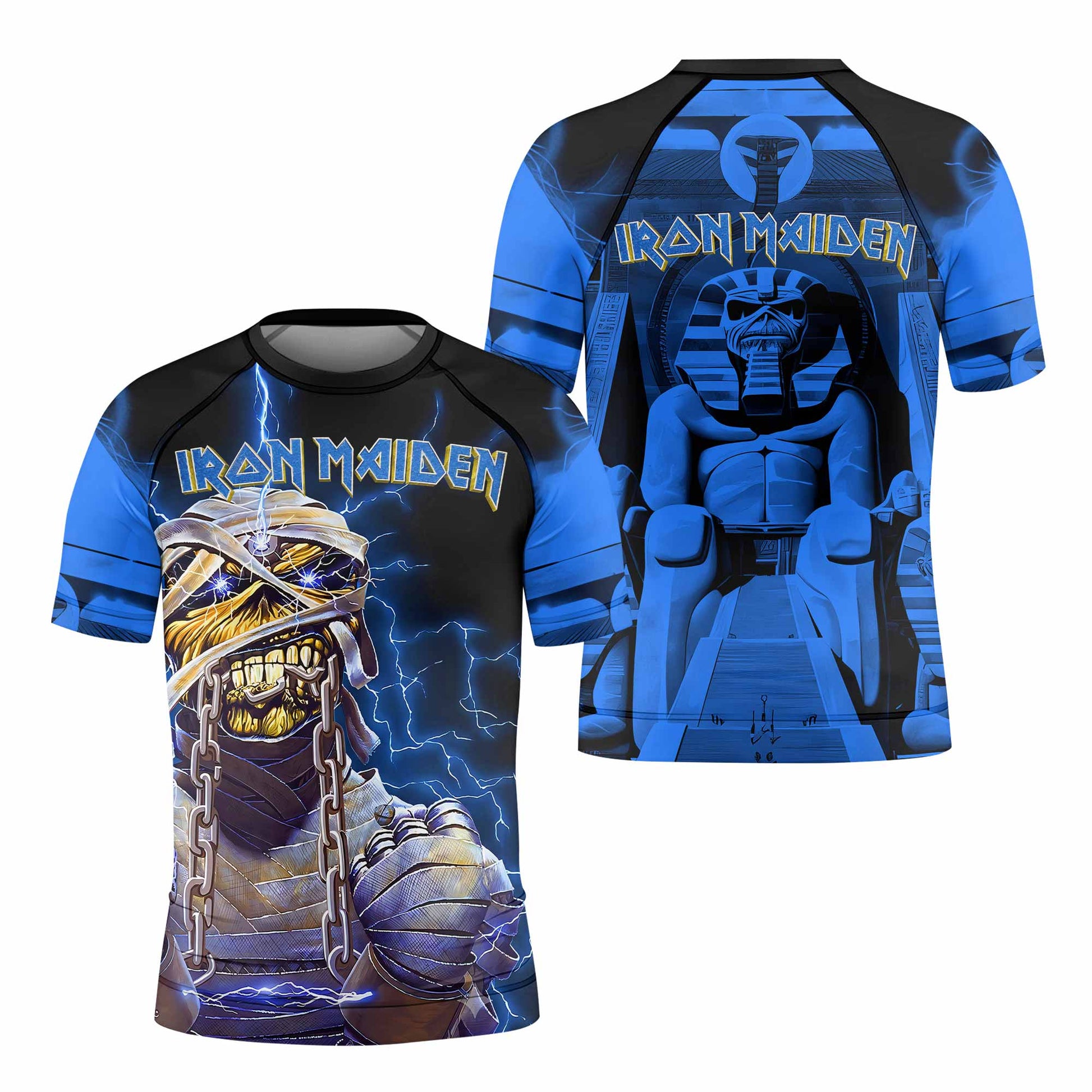 Iron Maiden Powerslave Mummy Eddie Kids Rash Guard Short Sleeve - front and back view