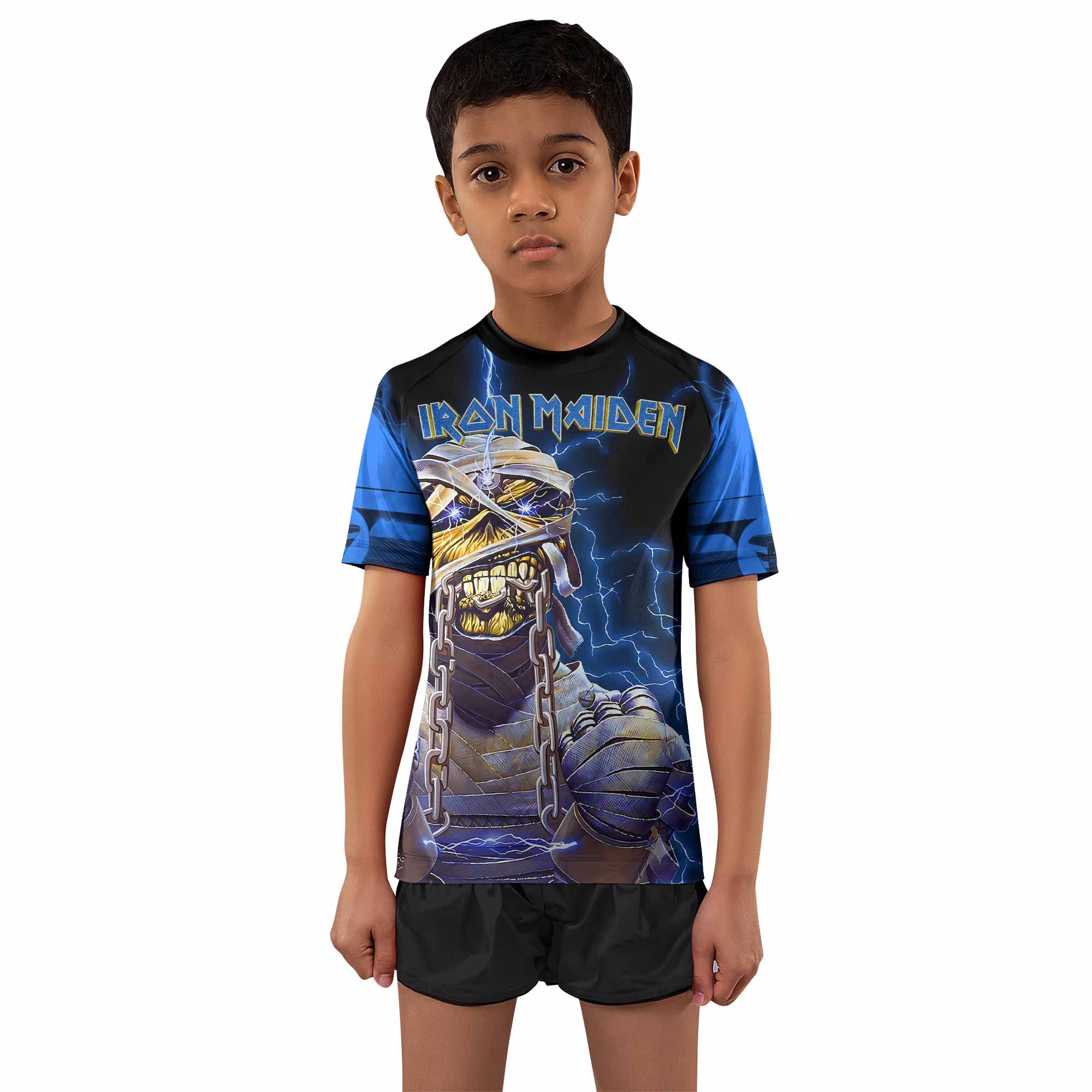 Iron Maiden Powerslave Mummy Eddie Kids Rash Guard Short Sleeve - boy's lifestyle view