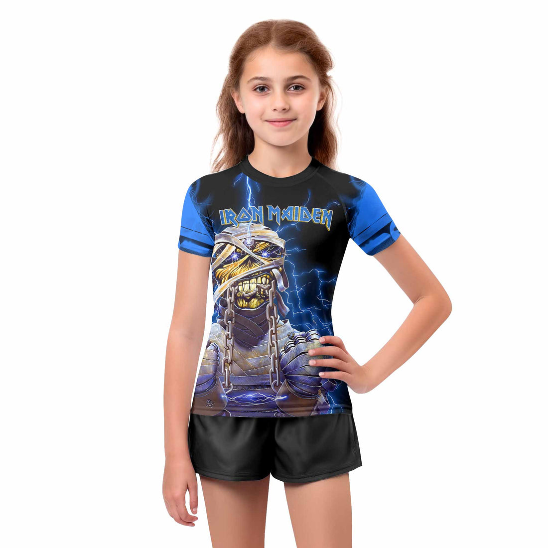 Iron Maiden Powerslave Mummy Eddie Kids Rash Guard Short Sleeve - boy's lifestyle view