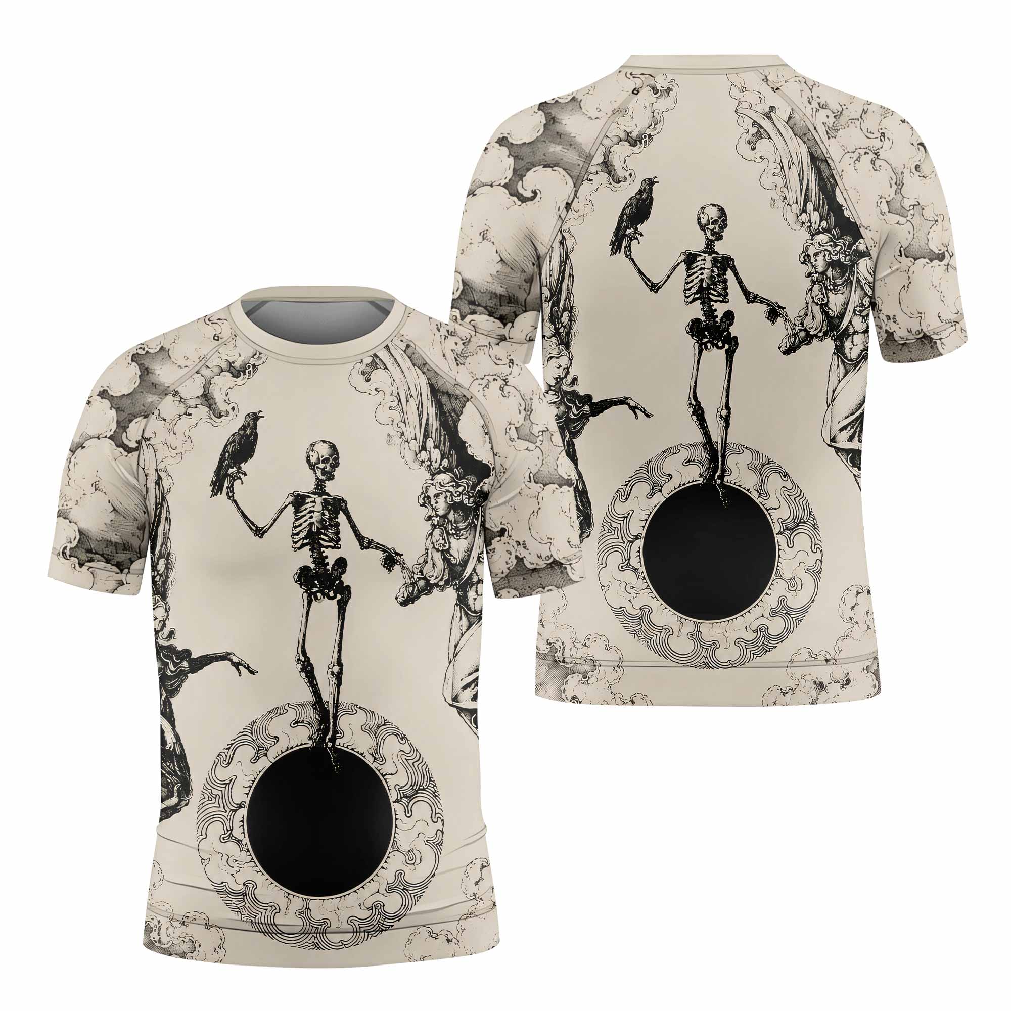 Celestial Memento Mori Kids Rash Guard Short Sleeve - front and back view