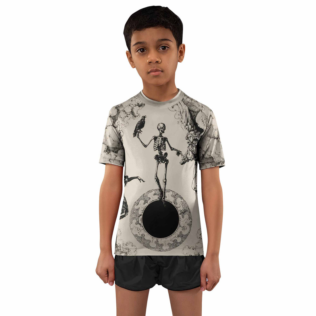 Celestial Memento Mori Kids Rash Guard Short Sleeve - boy's lifestyle view