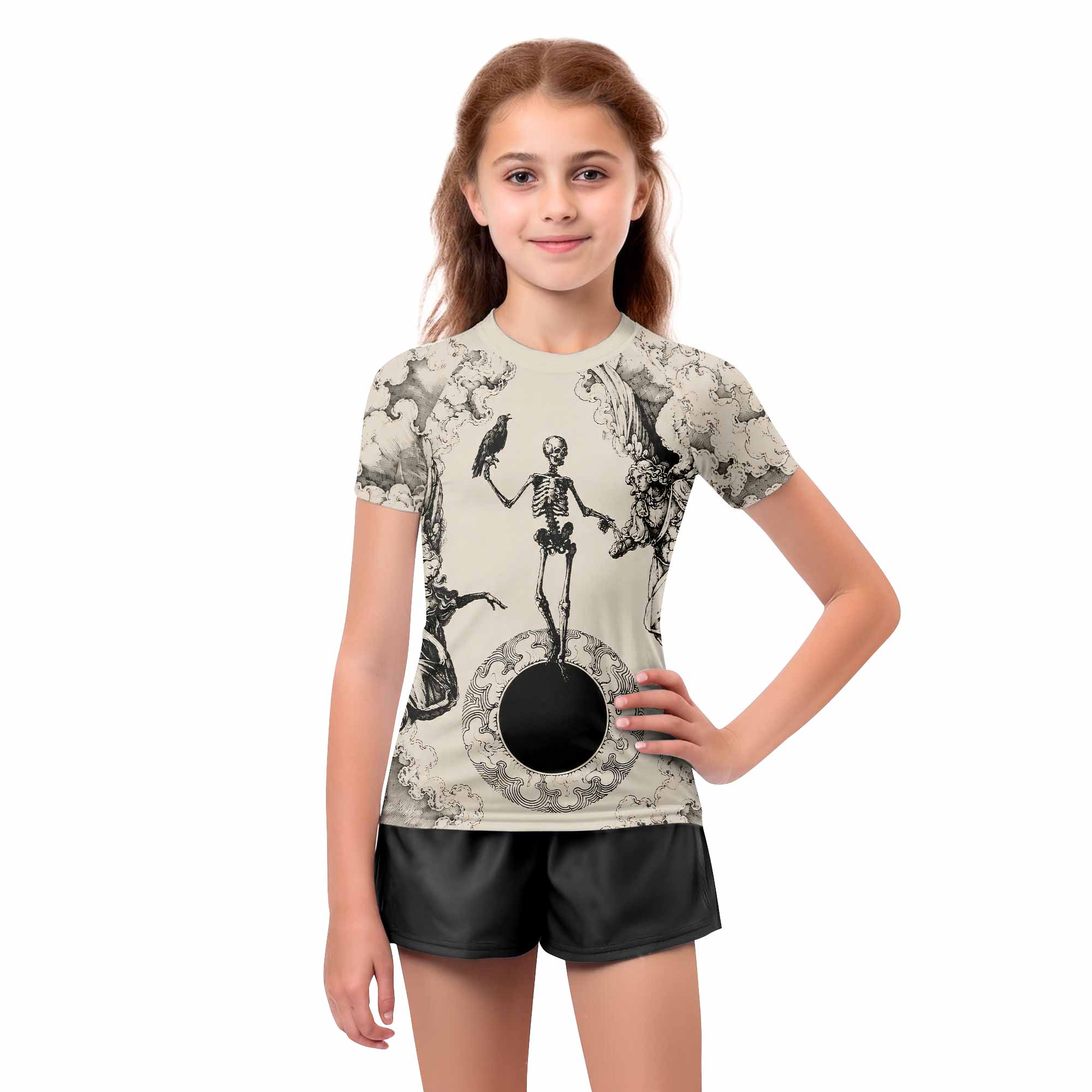 Celestial Memento Mori Kids Rash Guard Short Sleeve - girl's lifestyle view