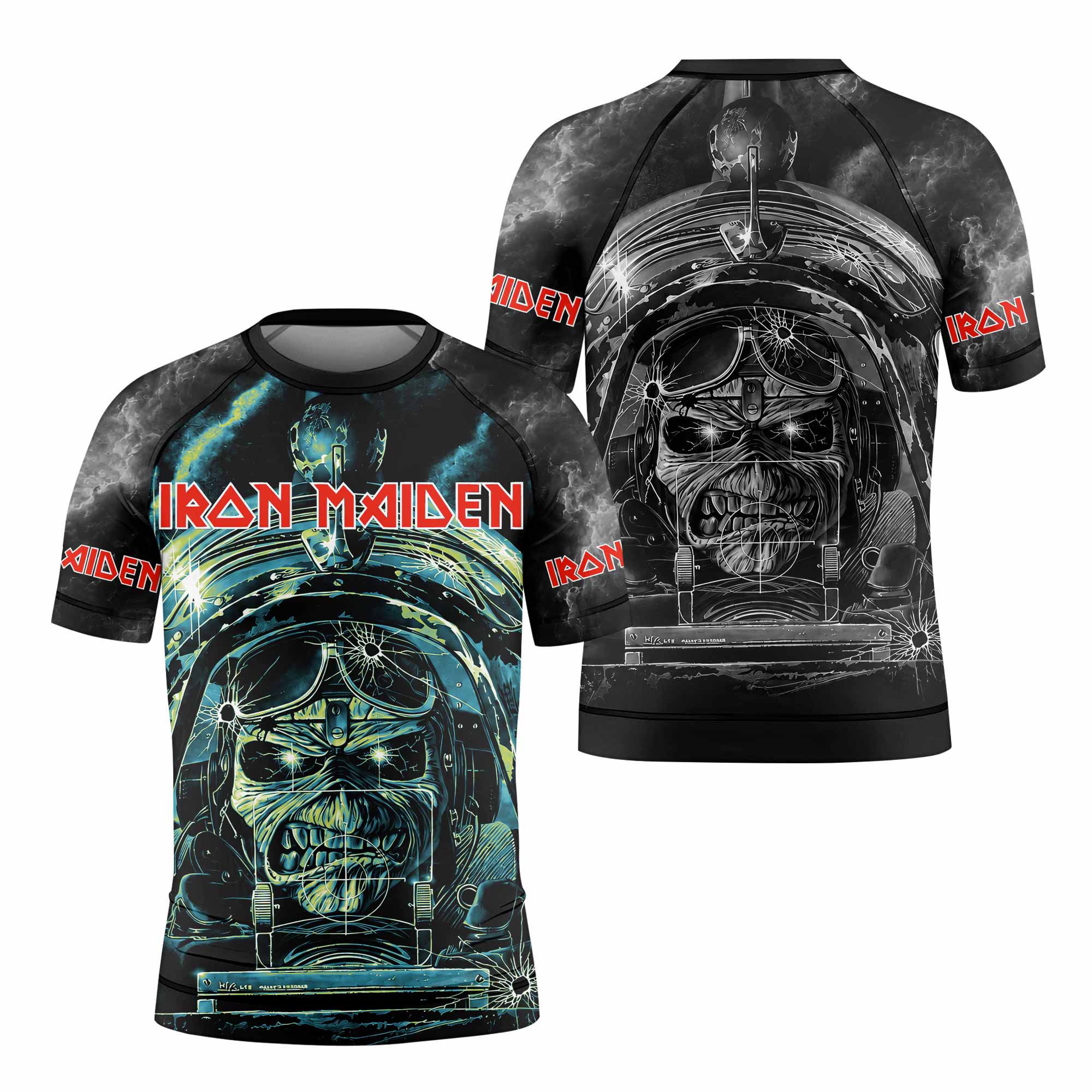 Iron Maiden Aces High Eddie Pilot Kids Rash Guard Short Sleeve - front and back view