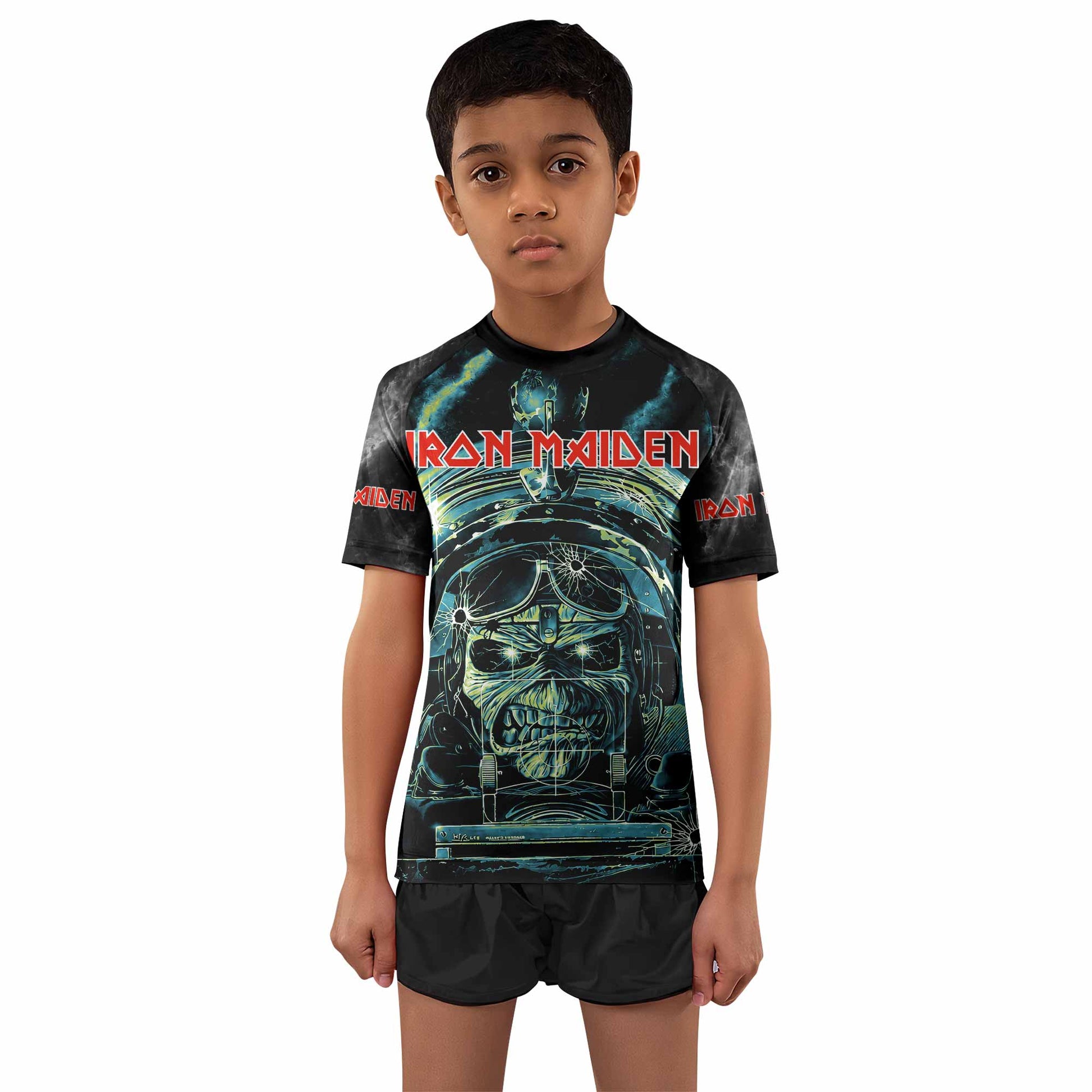 Iron Maiden Aces High Eddie Pilot Kids Rash Guard Short Sleeve - boy's lifestyle view