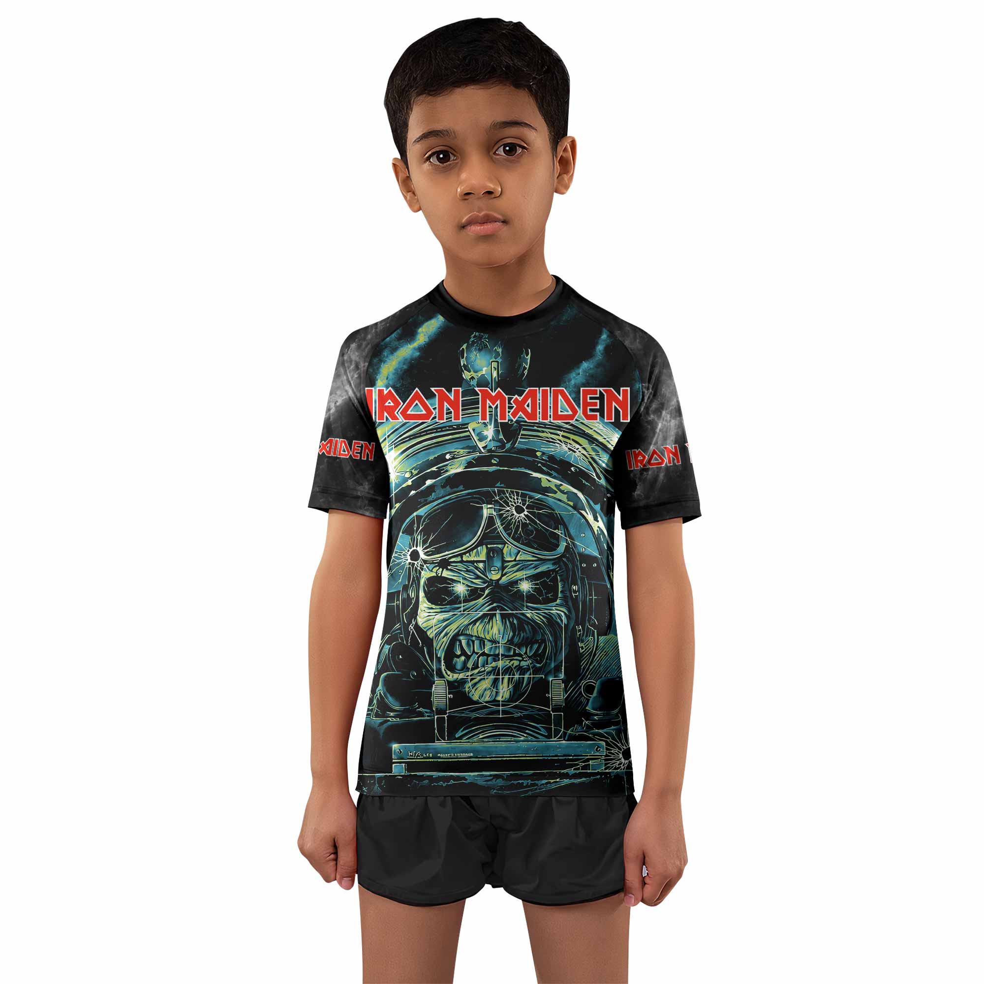 Iron Maiden Aces High Eddie Pilot Kids Rash Guard Short Sleeve - boy's lifestyle view