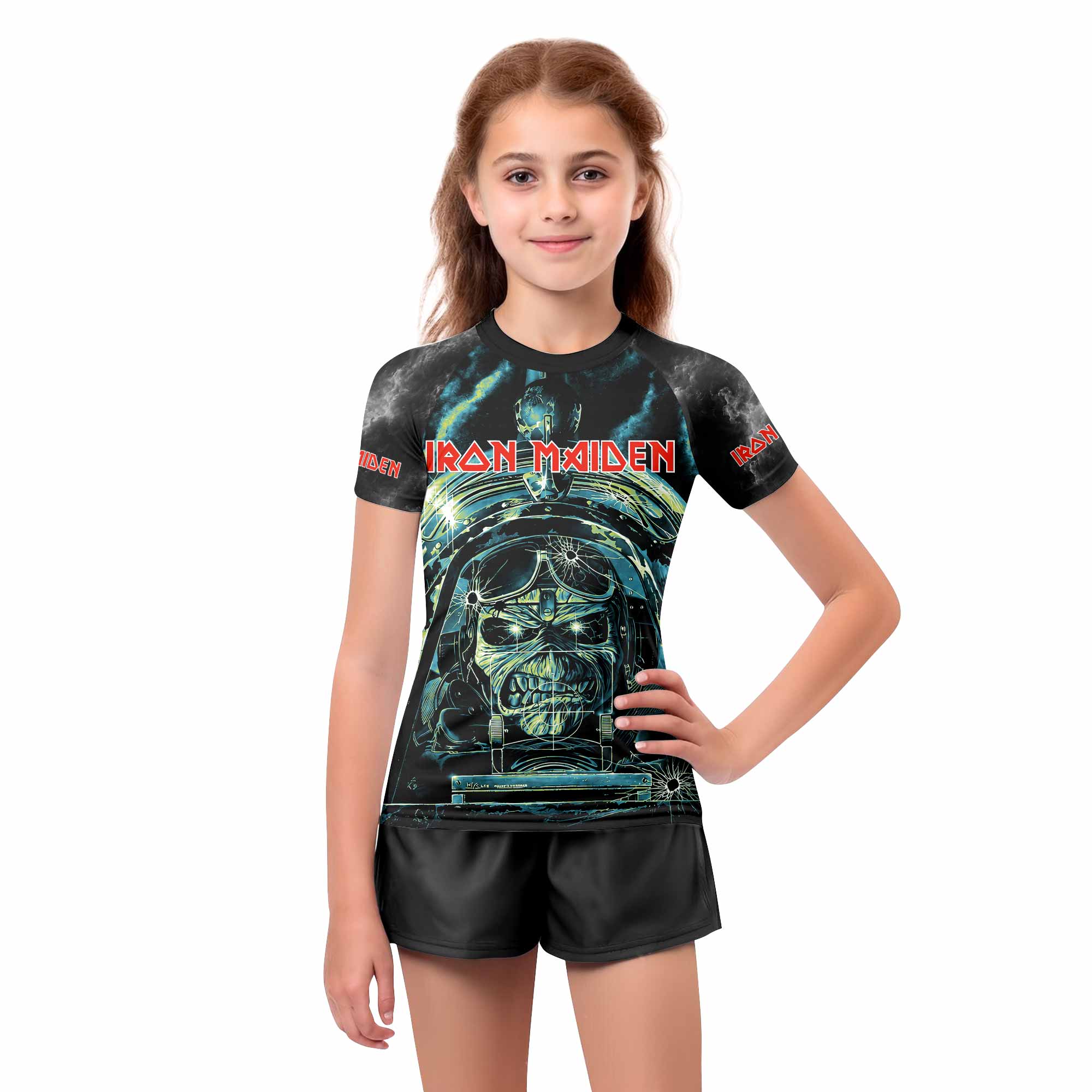 Iron Maiden Aces High Eddie Pilot Kids Rash Guard Short Sleeve - girl's lifestyle view