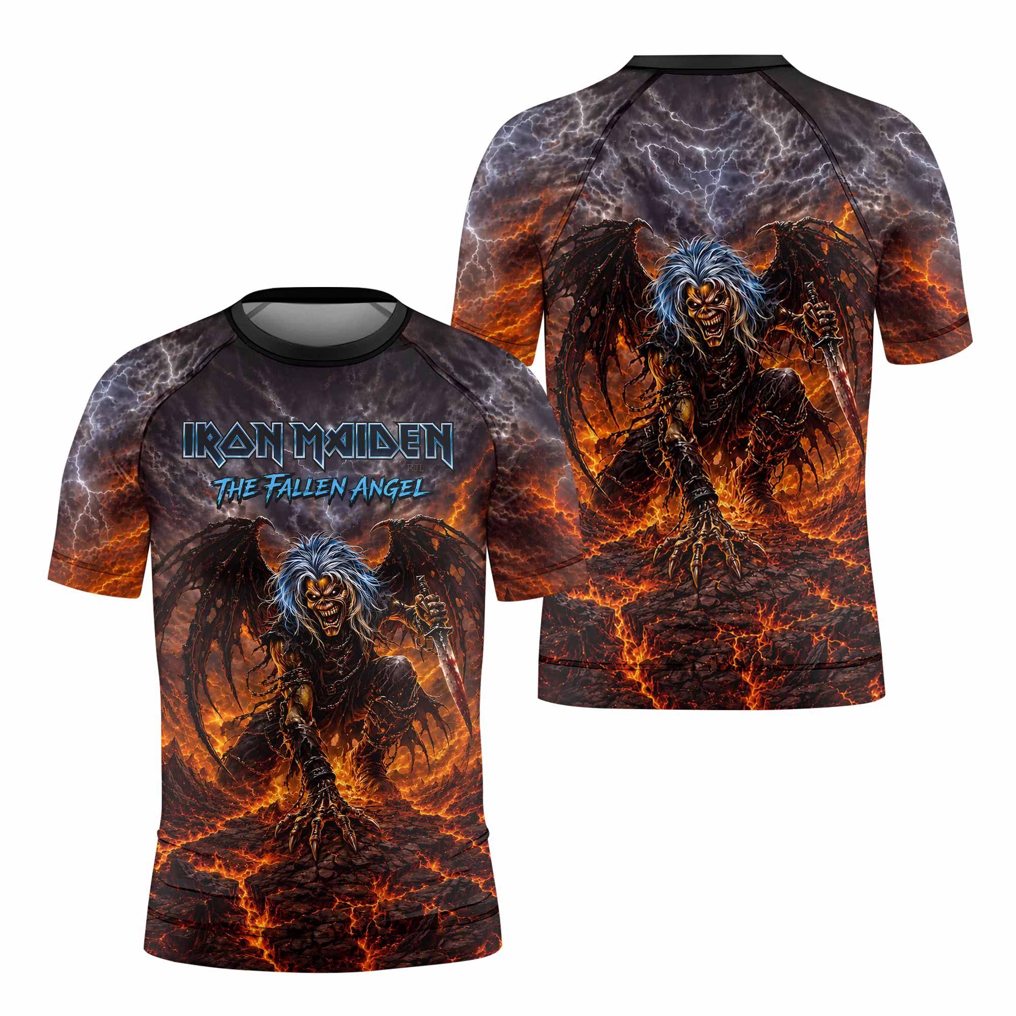 Iron Maiden The Fallen Angel Eddie Kids Rash Guard Short Sleeve - front and back view
