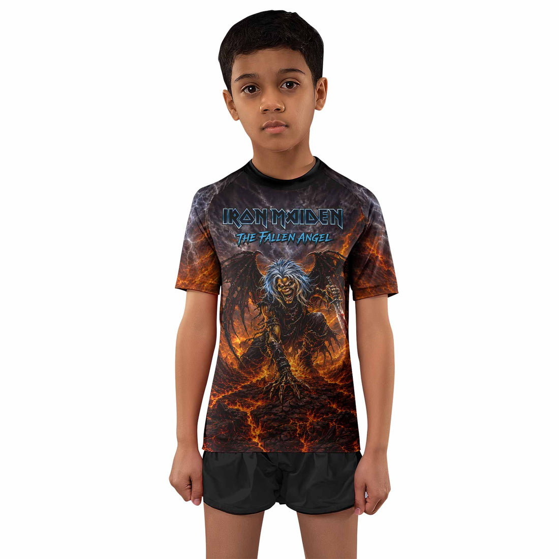 Iron Maiden The Fallen Angel Eddie Kids Rash Guard Short Sleeve - boy's lifestyle view