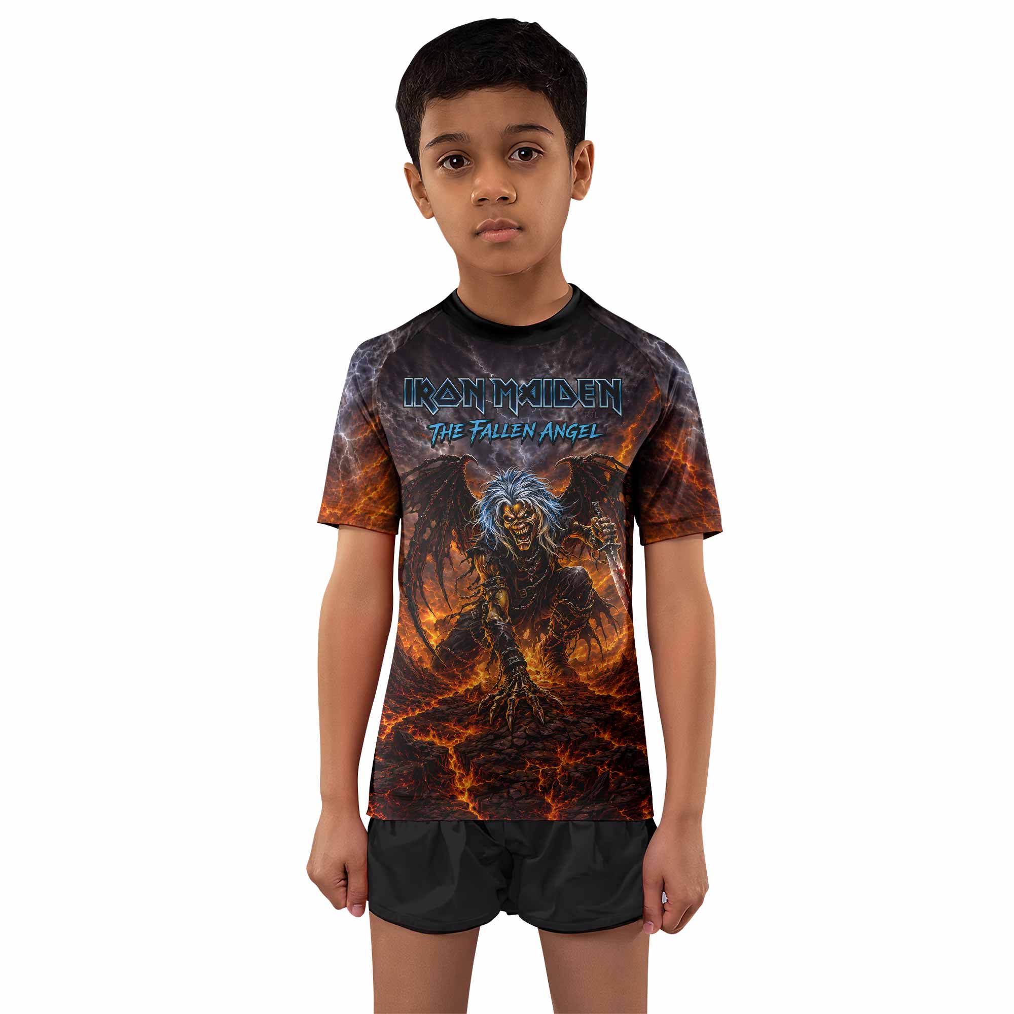Iron Maiden The Fallen Angel Eddie Kids Rash Guard Short Sleeve - boy's lifestyle view
