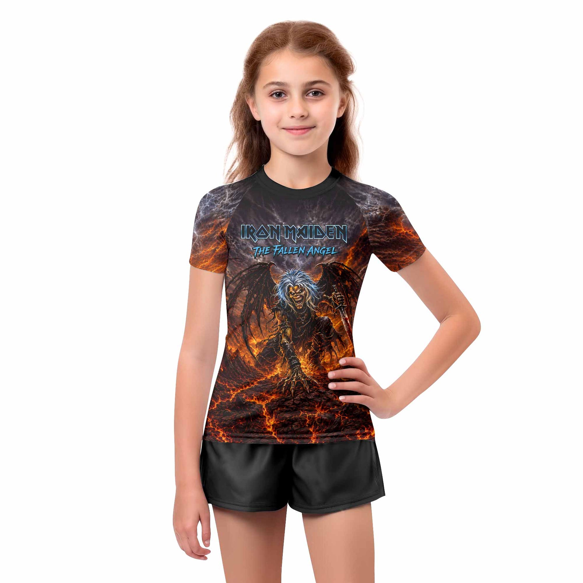 Iron Maiden The Fallen Angel Eddie Kids Rash Guard Short Sleeve - girl's lifestyle view