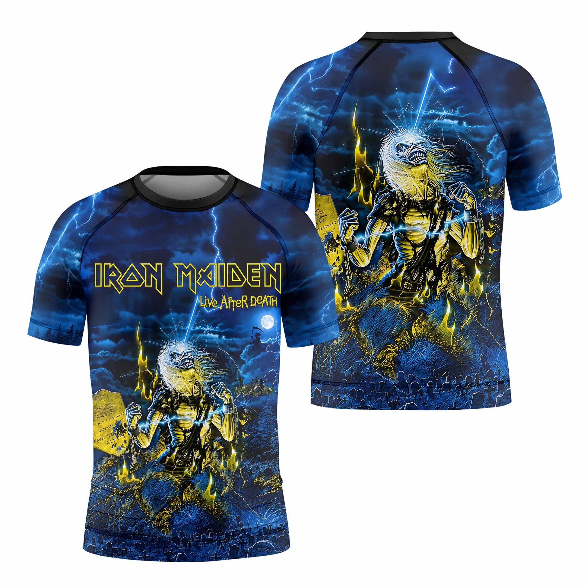 Iron Maiden Live After Death Eddie Kids Rash Guard Short Sleeve - front and back view