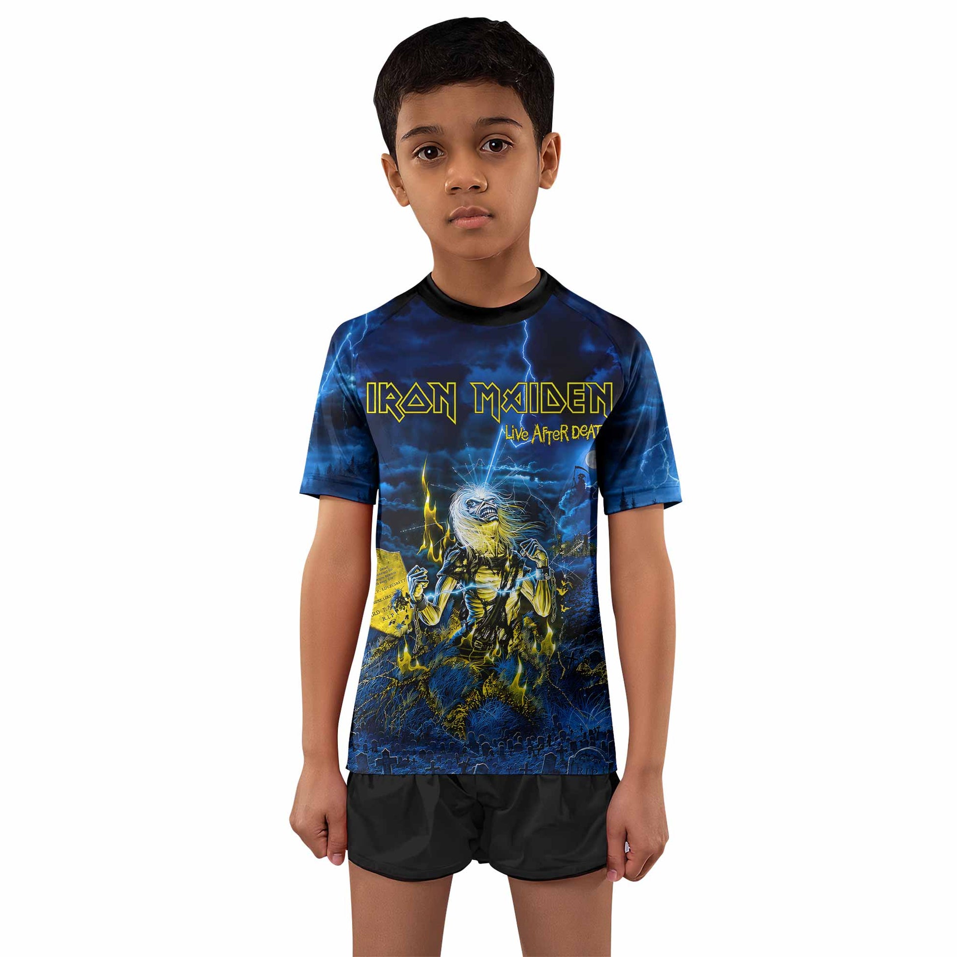 Iron Maiden Live After Death Eddie Kids Rash Guard Short Sleeve - boy's lifestyle view