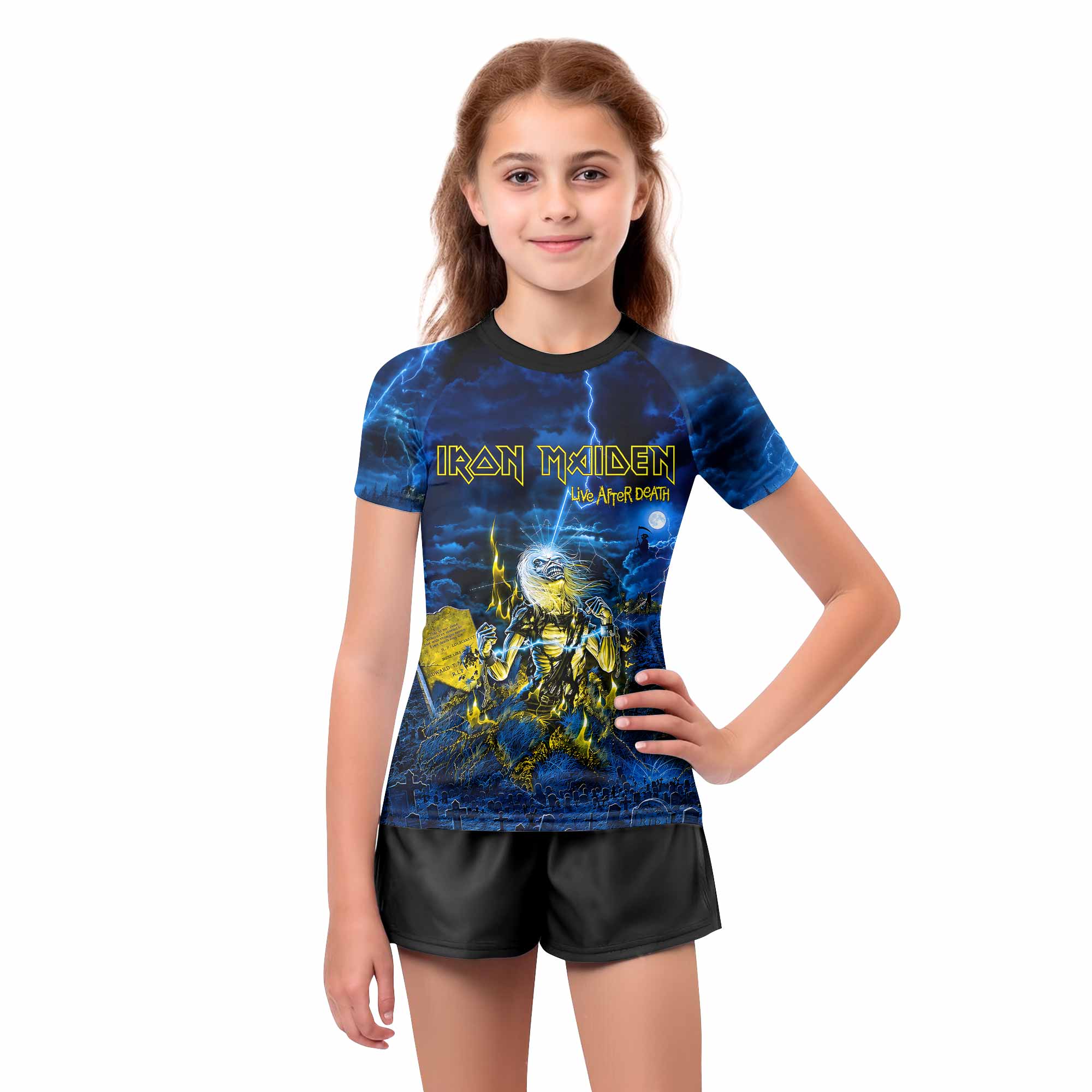 Iron Maiden Live After Death Eddie Kids Rash Guard Short Sleeve - girl's lifestyle view