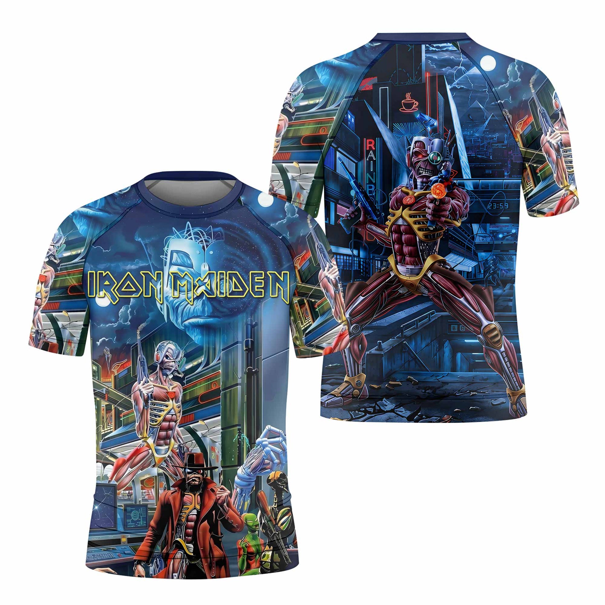 Iron Maiden Somewhere in Time Eddie Cyborg Kids Rash Guard Short Sleeve - front and back view