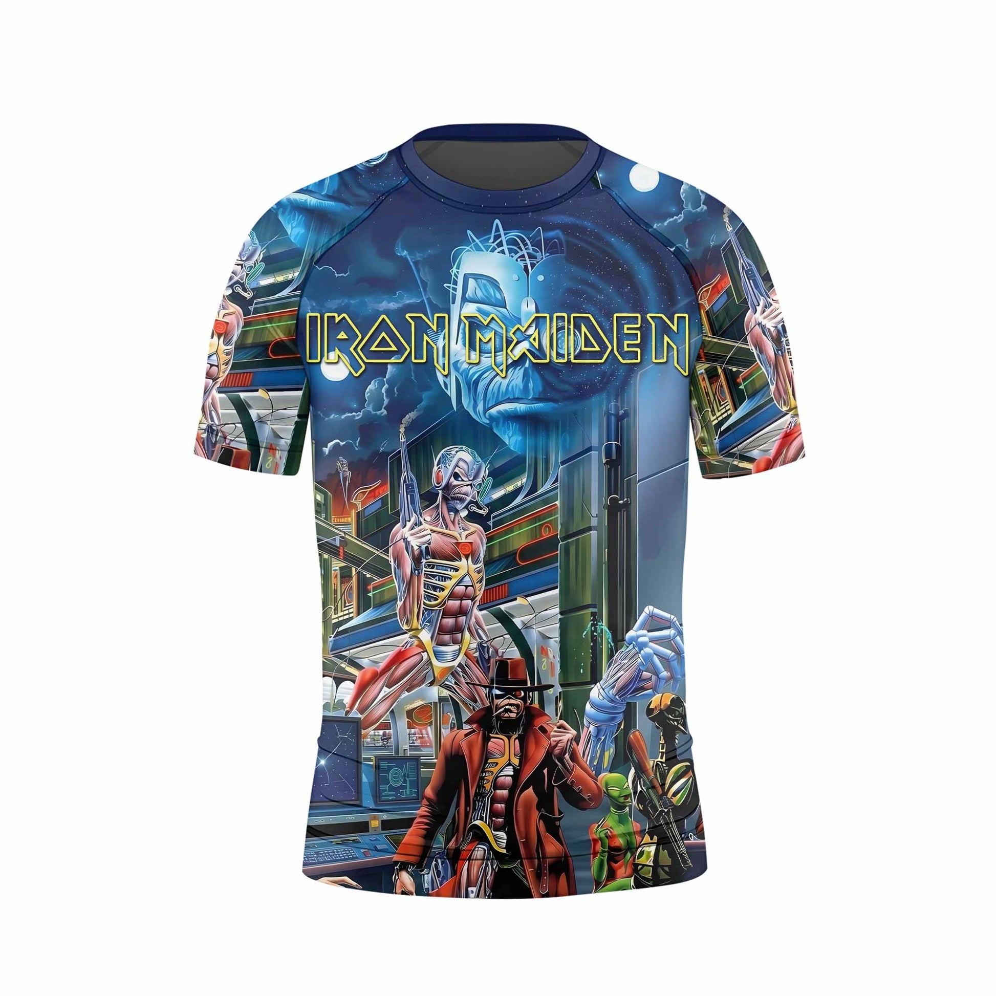 Iron Maiden Somewhere in Time Eddie Cyborg Kids Rash Guard Short Sleeve - front view mockup