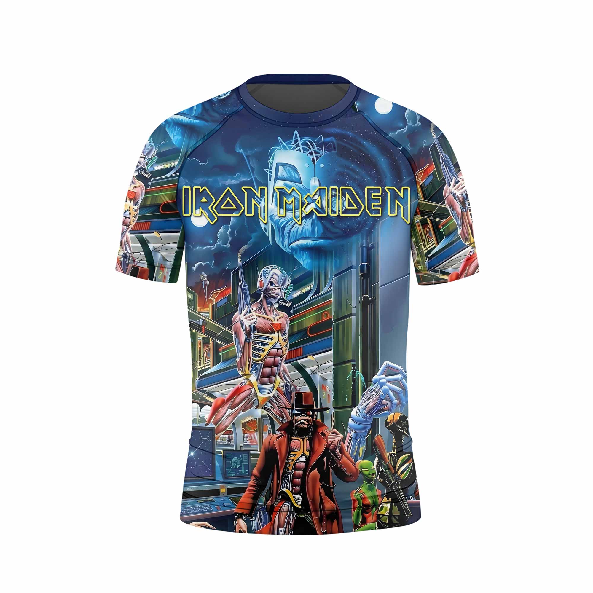 Iron Maiden Somewhere in Time Eddie Cyborg Kids Rash Guard Short Sleeve - front view mockup