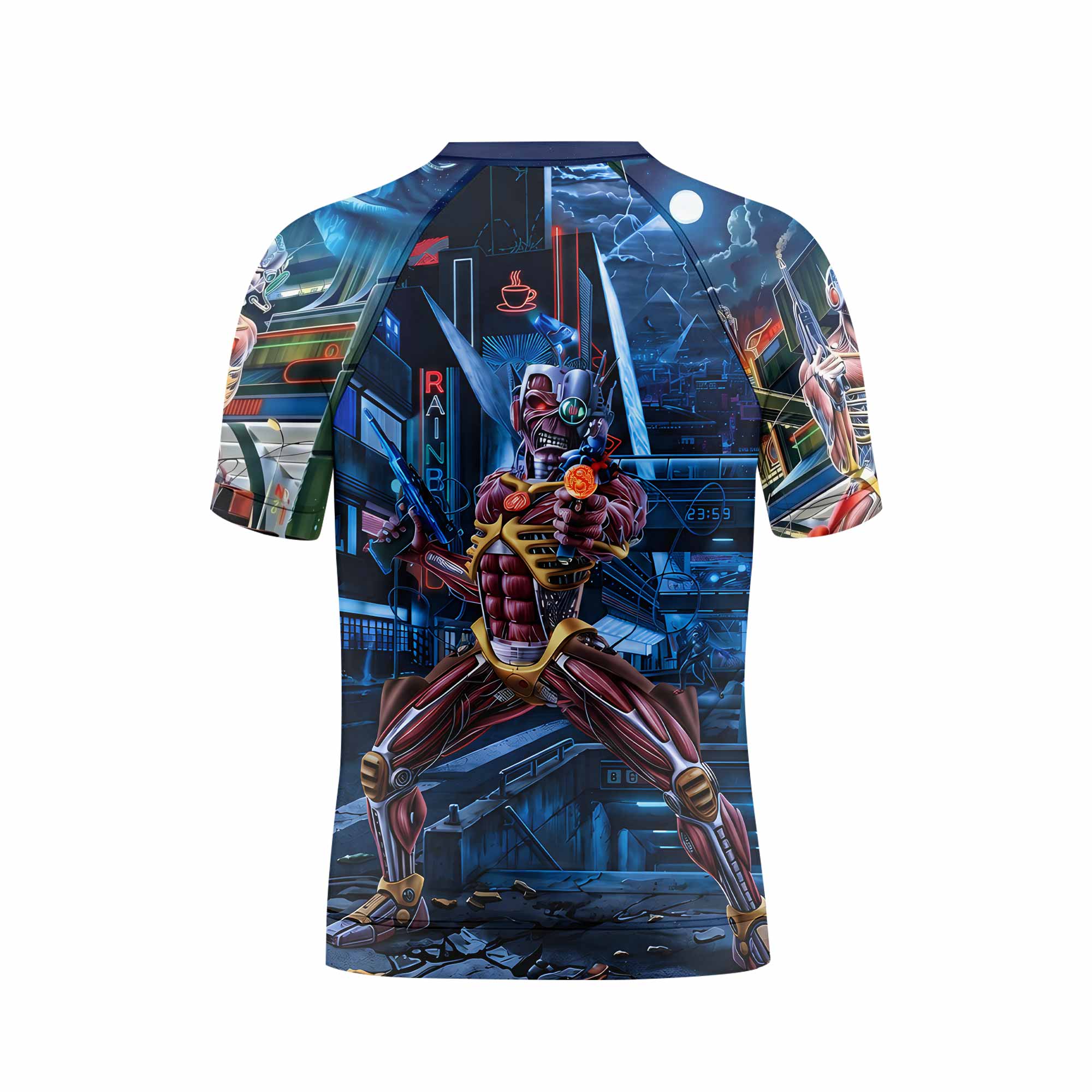 Iron Maiden Somewhere in Time Eddie Cyborg Kids Rash Guard Short Sleeve - back view mockup