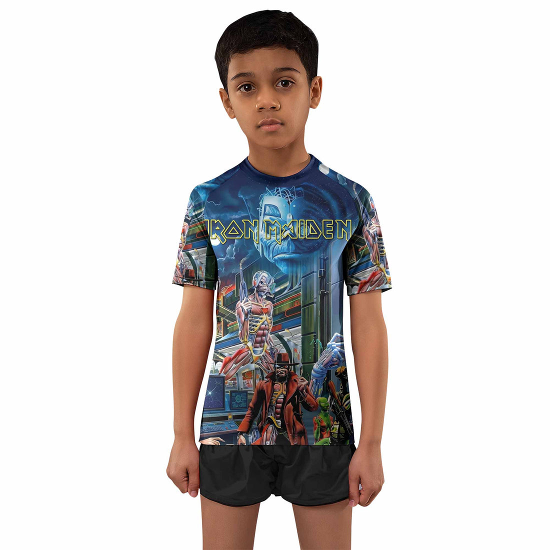Iron Maiden Somewhere in Time Eddie Cyborg Kids Rash Guard Short Sleeve - boy's lifestyle view